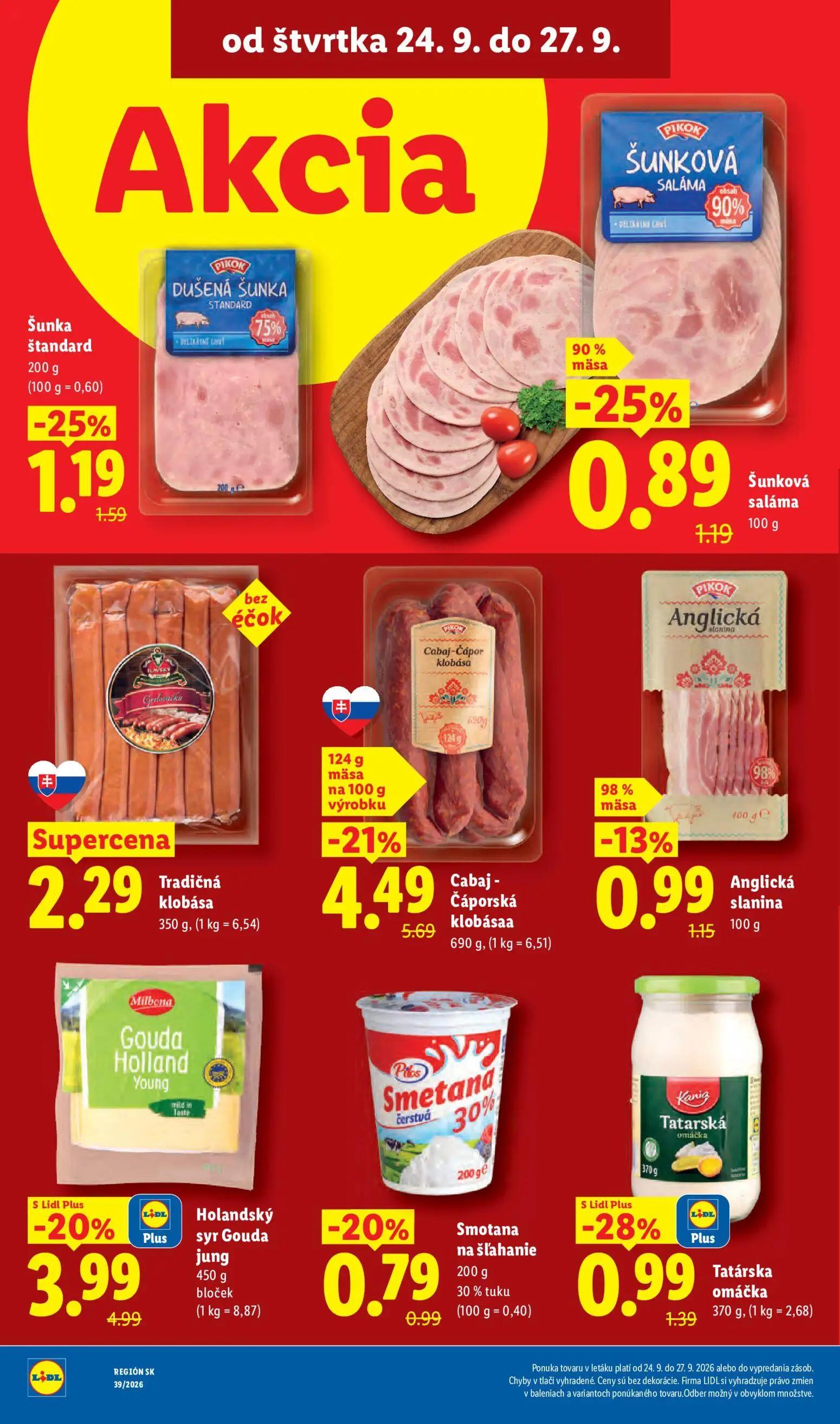 Lidl leták, strana 74 z 102 — Cabaj-Čáporská klobása, Holandský syr Gouda jung, Šunka štandard