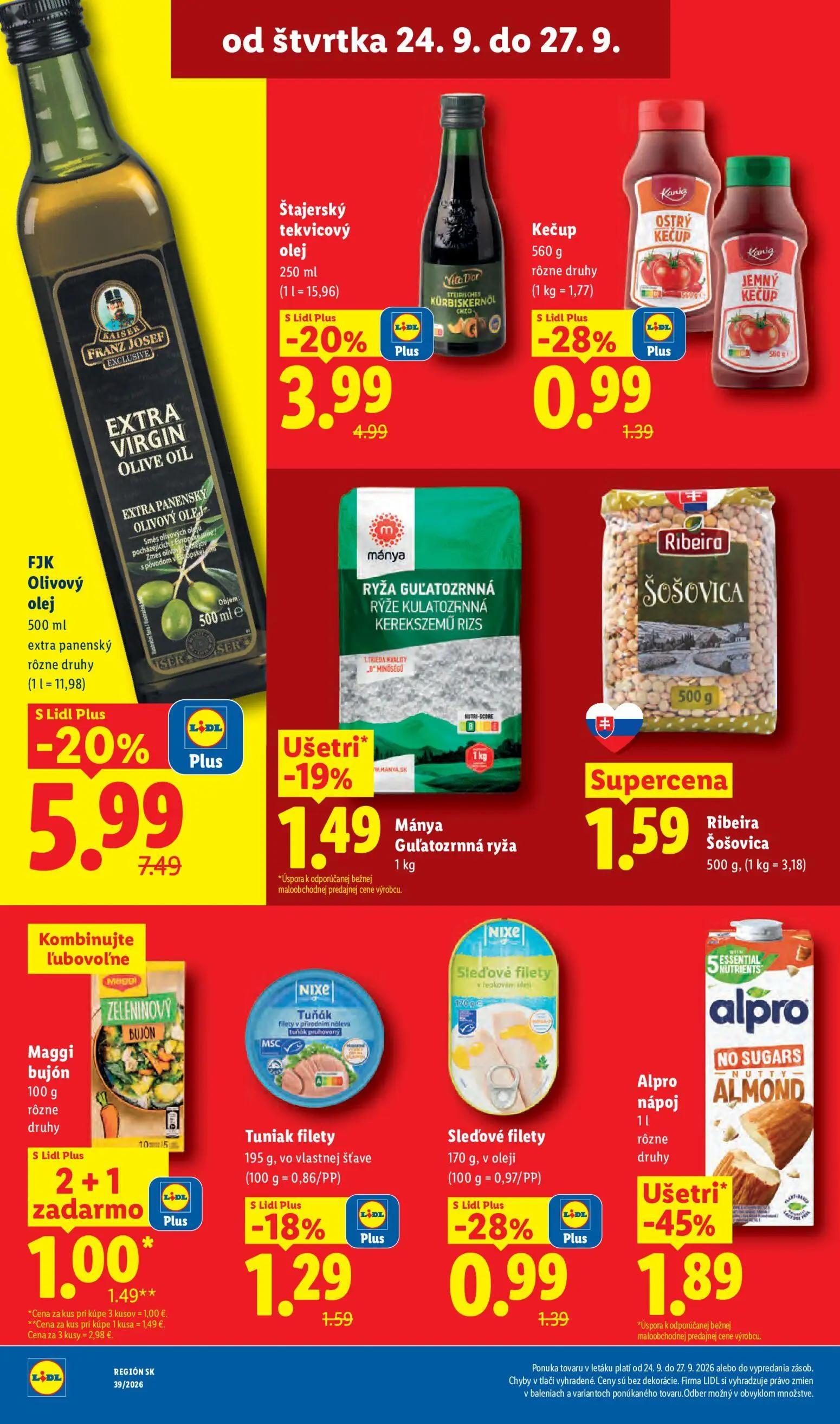Lidl leták, strana 76 z 102 — Alpro nápoj, FJK Olivový olej, Štajerský tekvicový olej