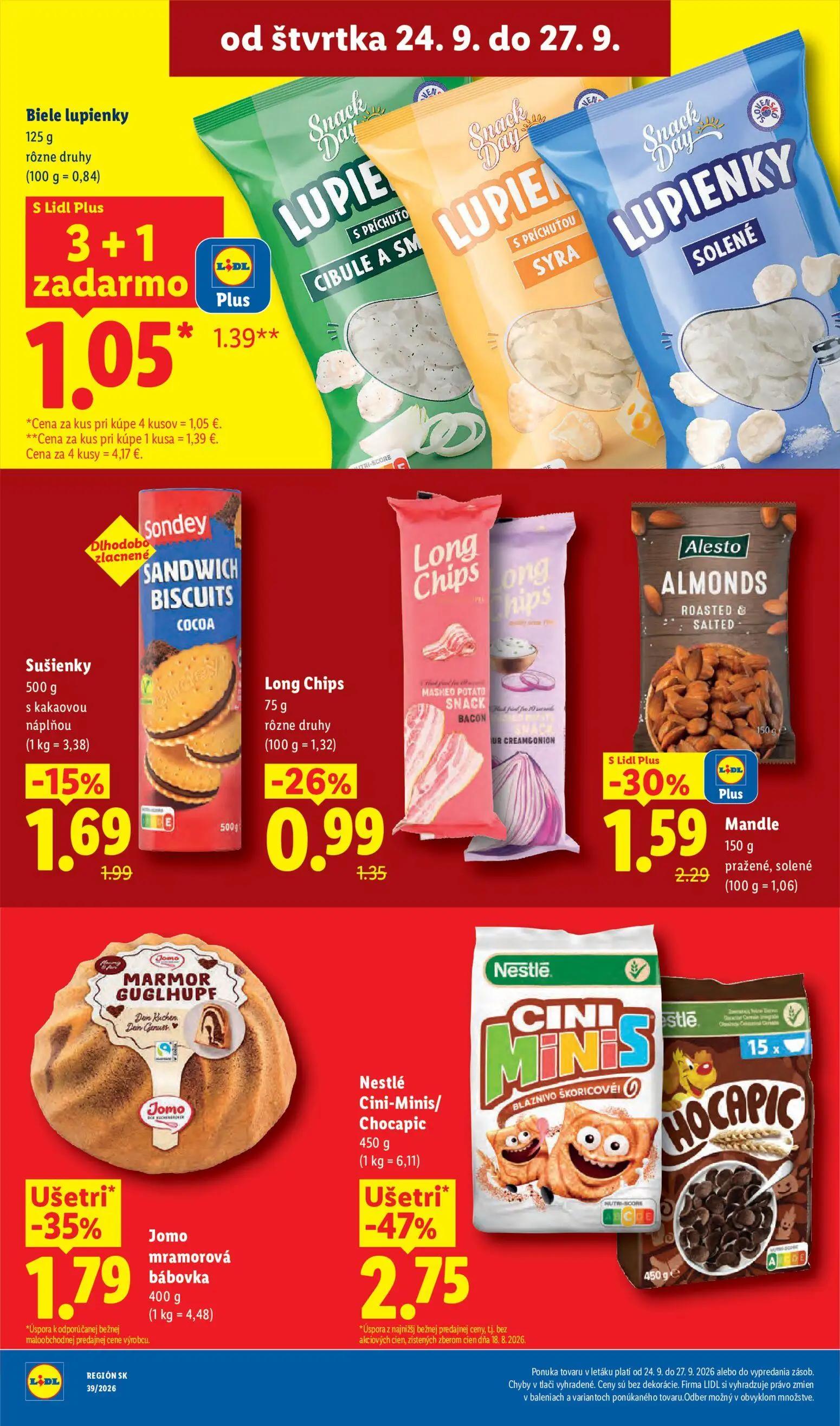 Lidl leták, strana 78 z 102 — Nestlé Cini-Minis/Chocapic, Jomo mramorová bábovka, Mandle pražené, solené