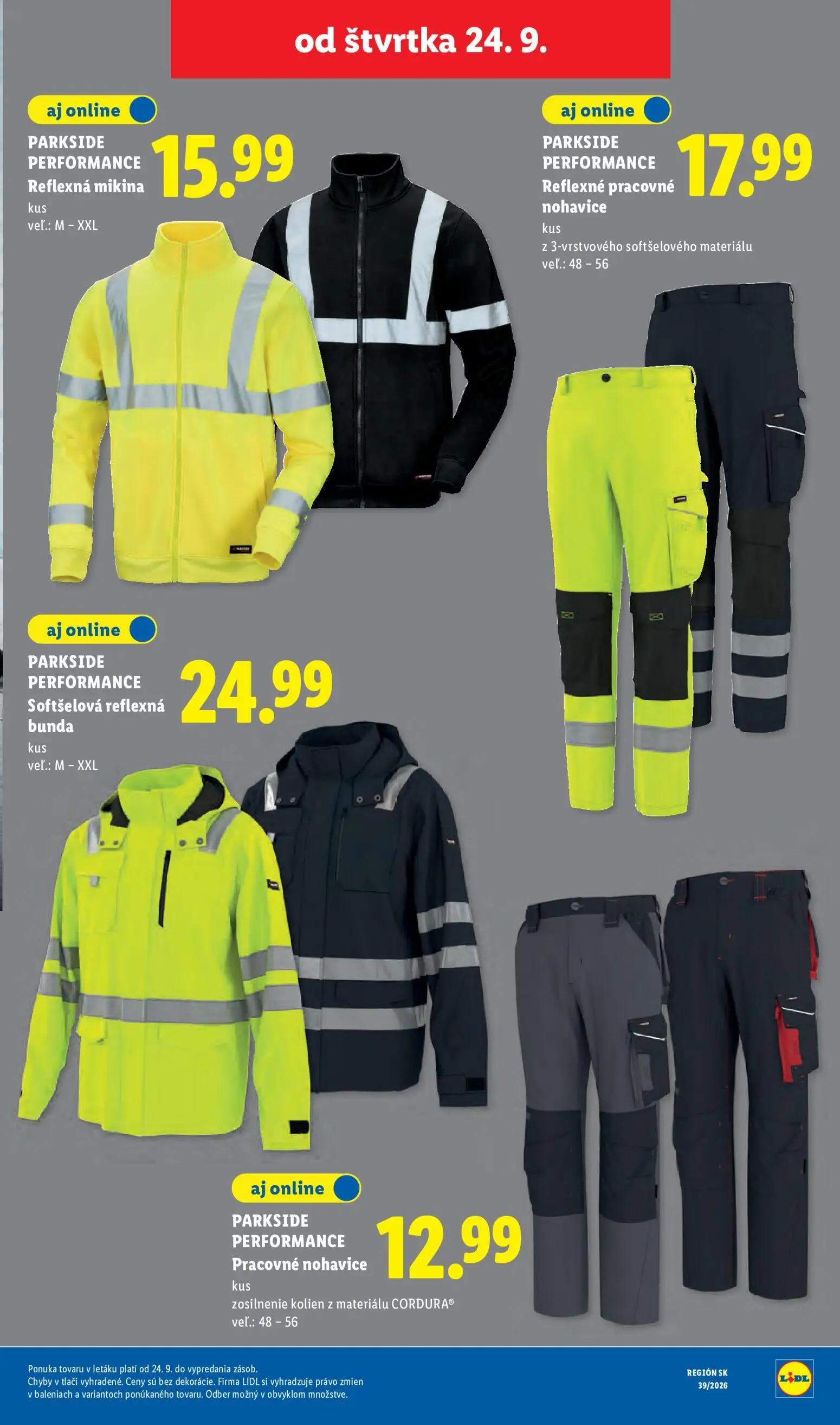 Lidl leták, strana 86 z 102 — Reflexná mikina, Reflexné pracovné nohavice, Softšelová reflexná bunda