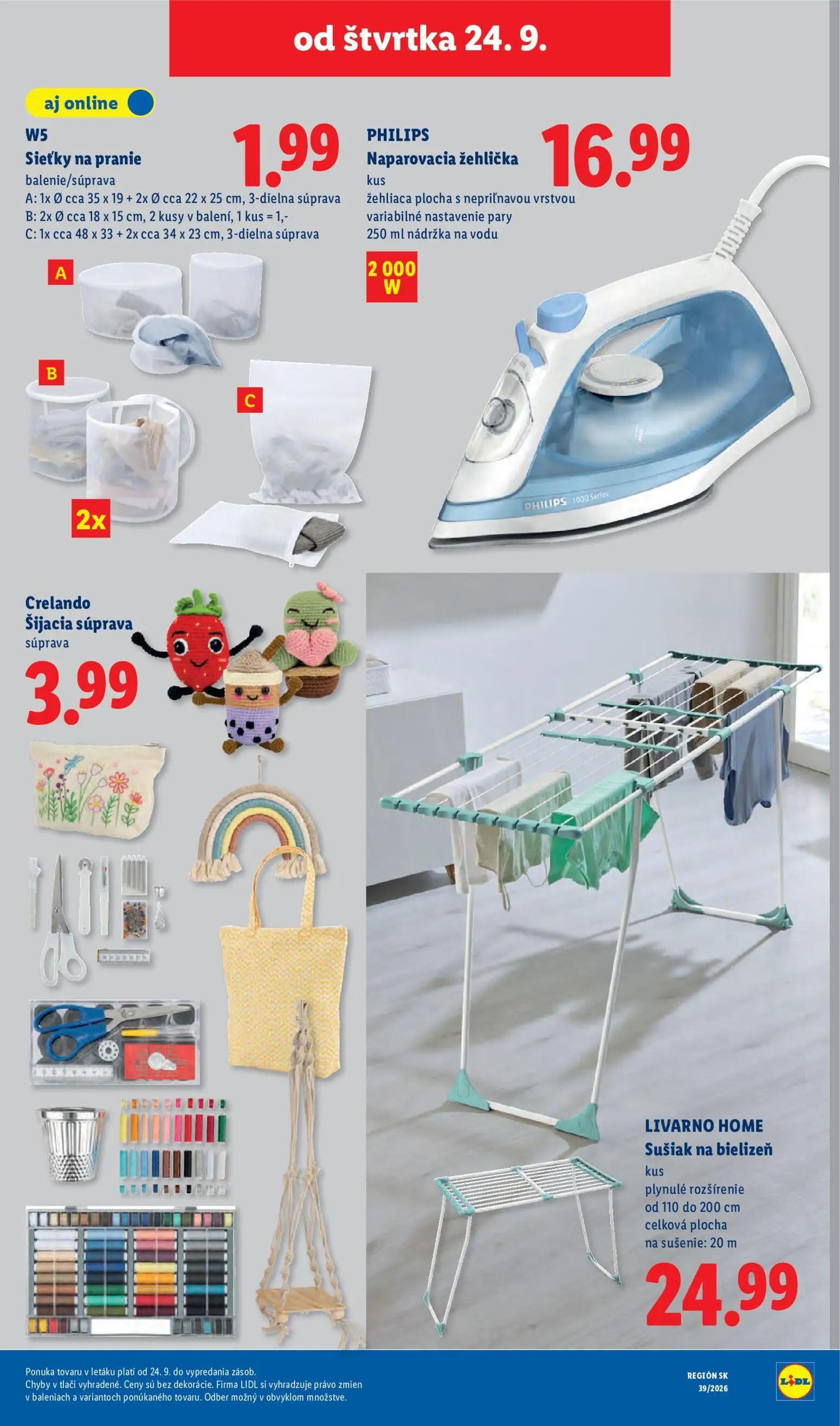 Lidl leták, strana 89 z 102 — W5 Sieťky na pranie, PHILIPS Naparovacia žehlička, Crelando Šijacia súprava