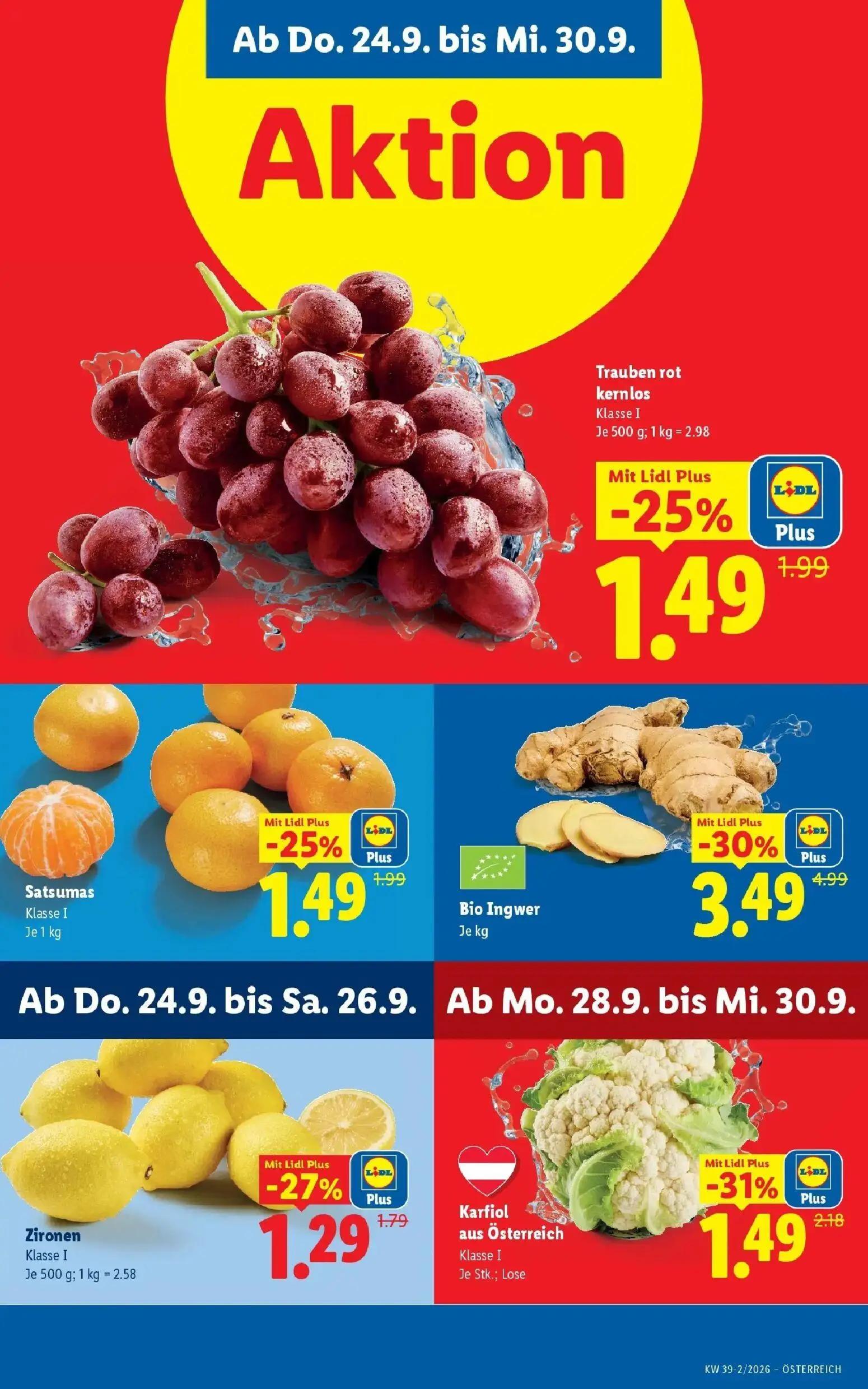 Lidl Prospekt, Seite 4 von 55 — Bio Ingwer, Karfiol aus Österreich, Trauben rot kernlos