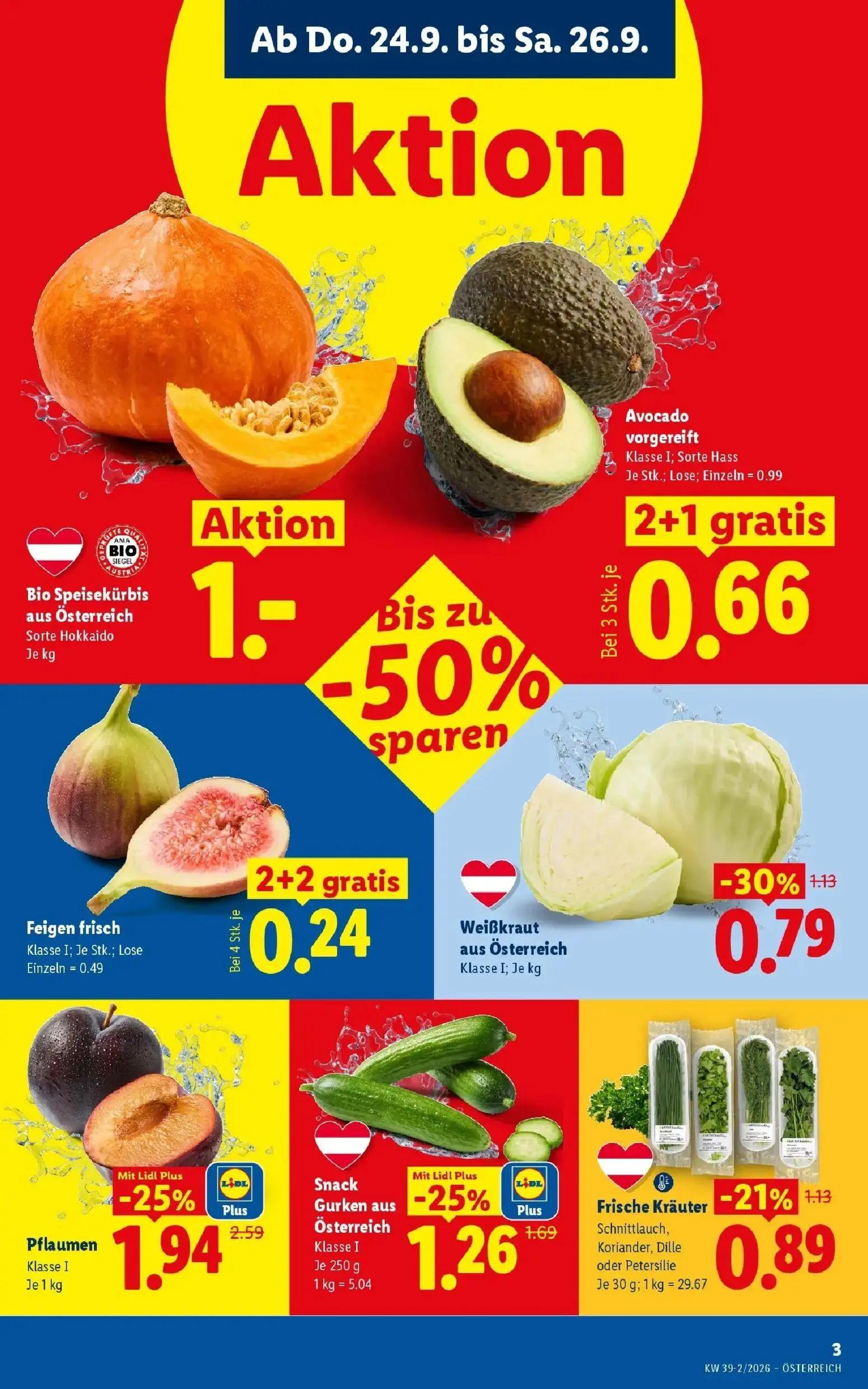 Lidl Prospekt, Seite 5 von 55 — Pflaumen Klasse I, Snack Gurken aus Österreich Klasse I, Weißkraut aus Österreich Klasse I