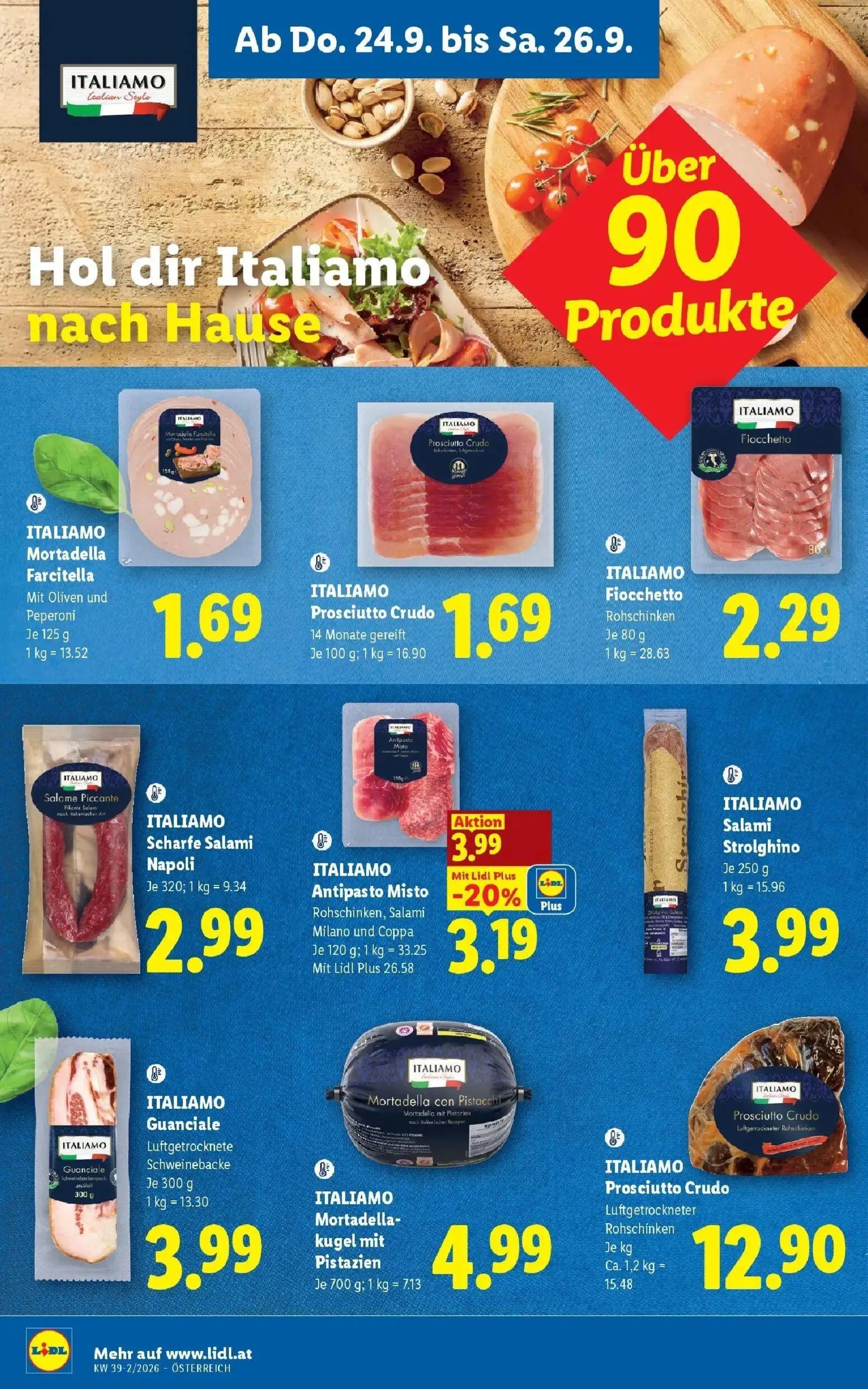 Lidl Prospekt, Seite 8 von 55 — ITALIAMO Antipasto Misto Rohschinken, Salami Milano und Coppa, ITALIAMO Mortadella Farcitell…