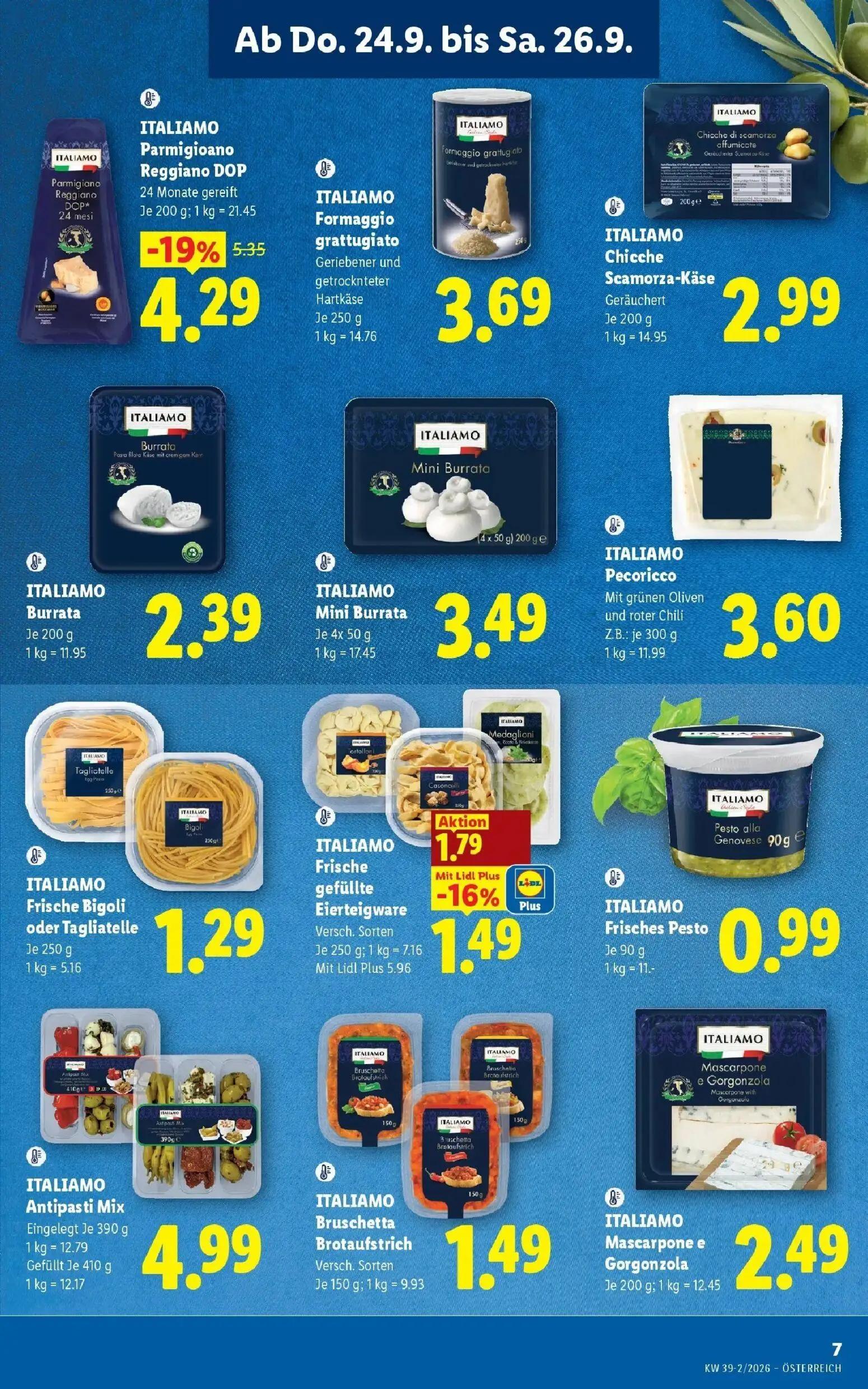 Lidl Prospekt, Seite 9 von 55 — ITALIAMO Parmigioano Reggiano DOP 24 Monate gereift, ITALIAMO Frische gefüllte Eierteigware …