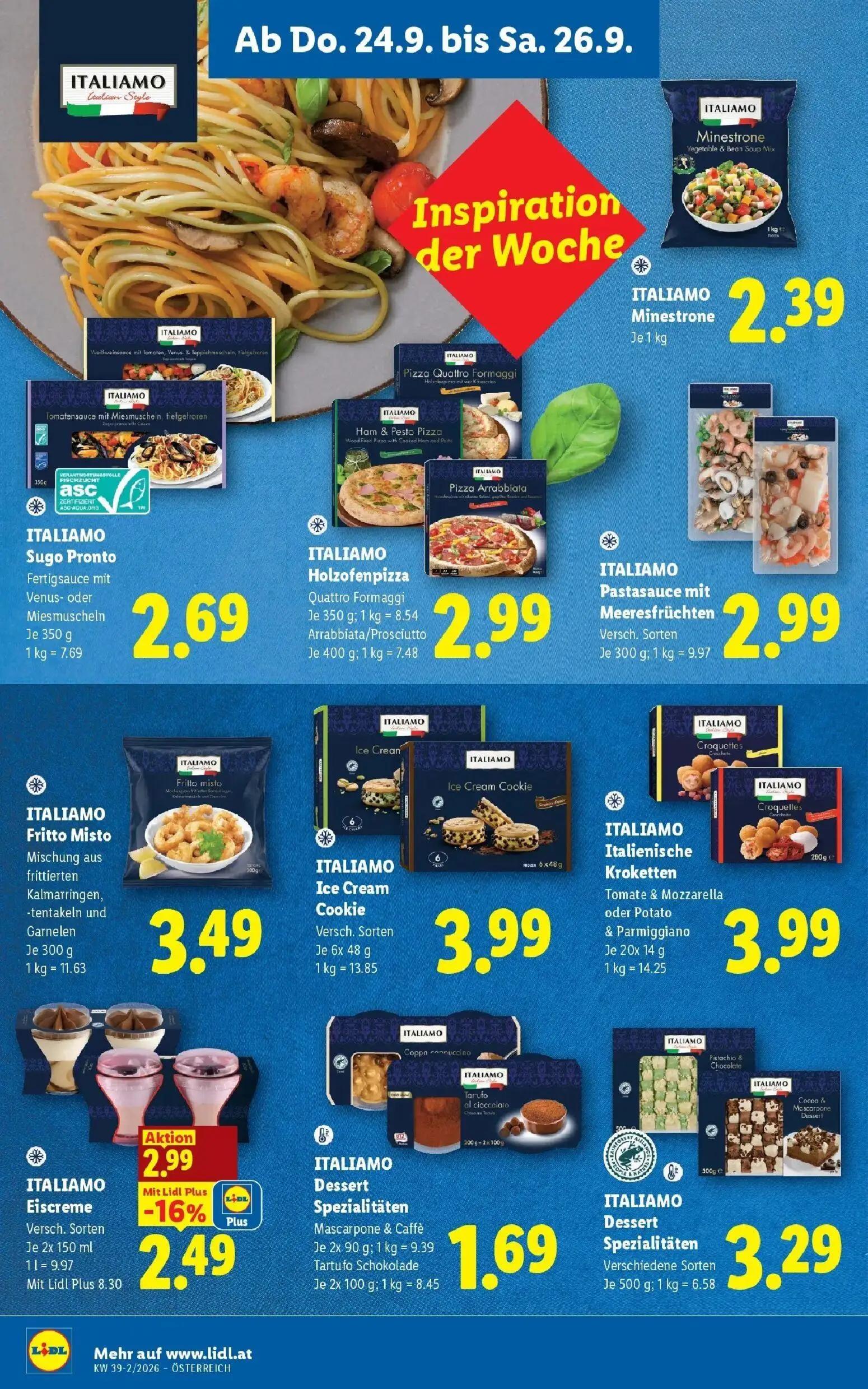 Lidl Prospekt, Seite 10 von 55 — ITALIAMO Eiscreme Versch. Sorten, ITALIAMO Minestrone, ITALIAMO Sugo Pronto Fertigsauce mit…