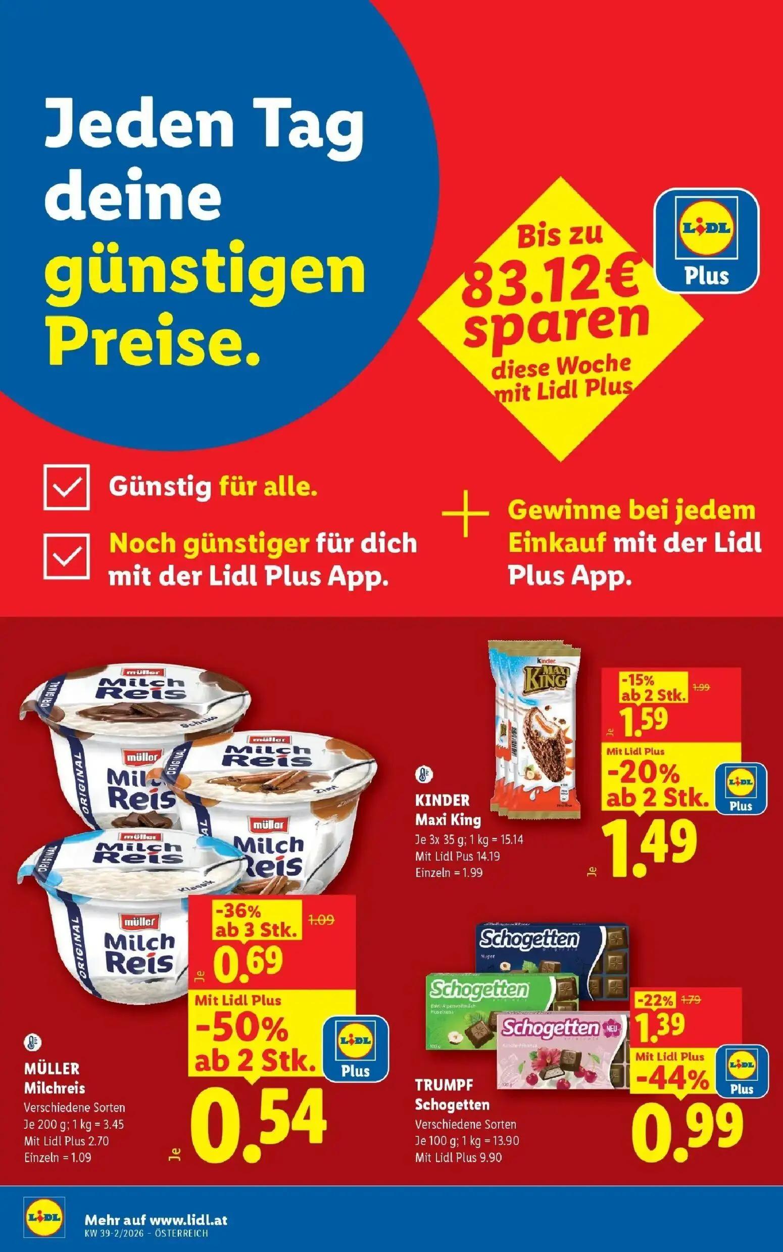 Lidl Prospekt, Seite 14 von 55 — Trumpf Schogetten, Müller Milchreis, Kinder Maxi King