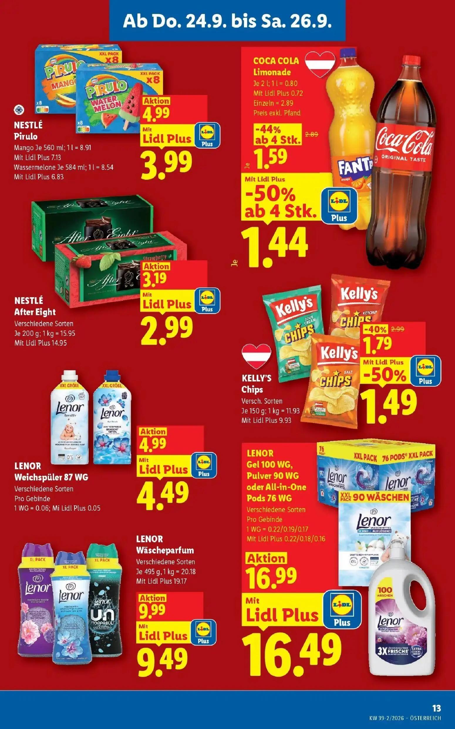 Lidl Prospekt, Seite 15 von 55 — KELLY'S Chips Versch. Sorten, COCA COLA Limonade, NESTLÉ Pirulo Mango