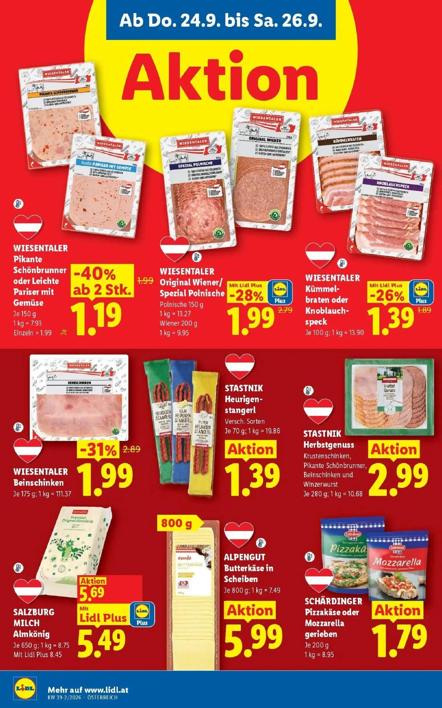 Lidl Prospekt, Seite 16 von 55 — WIESENTALER Beinschinken, WIESENTALER Pikante Schönbrunner oder Leichte Pariser mit Gemüse,…