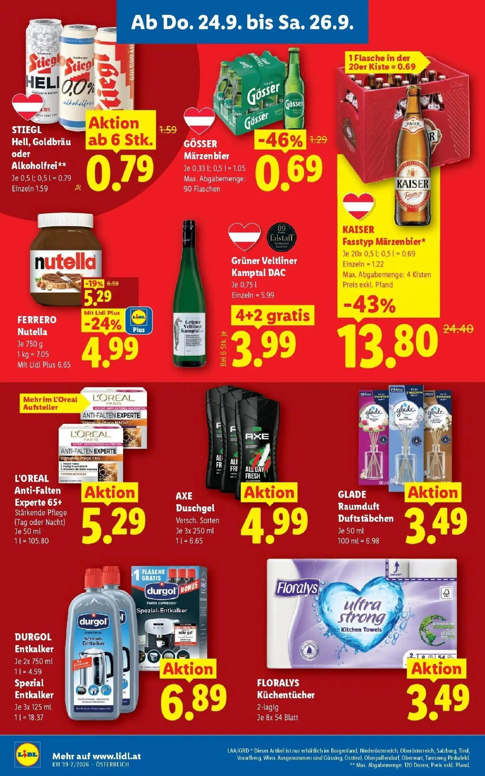 Lidl Prospekt, Seite 18 von 55 — KAISER Fasstyp Märzenbier*, Grüner Veltliner Kamptal DAC, FERRERO Nutella