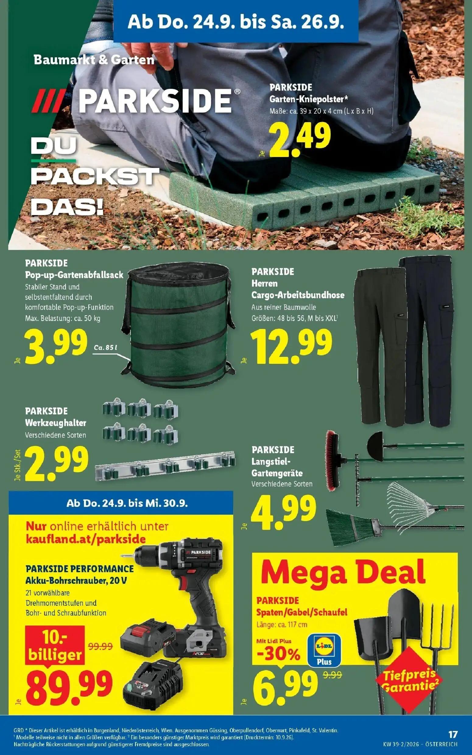 Lidl Prospekt, Seite 21 von 55 — PARKSIDE PERFORMANCE Akku-Bohrschrauber, 20 V, PARKSIDE Spaten/Gabel/Schaufel, PARKSIDE Gar…