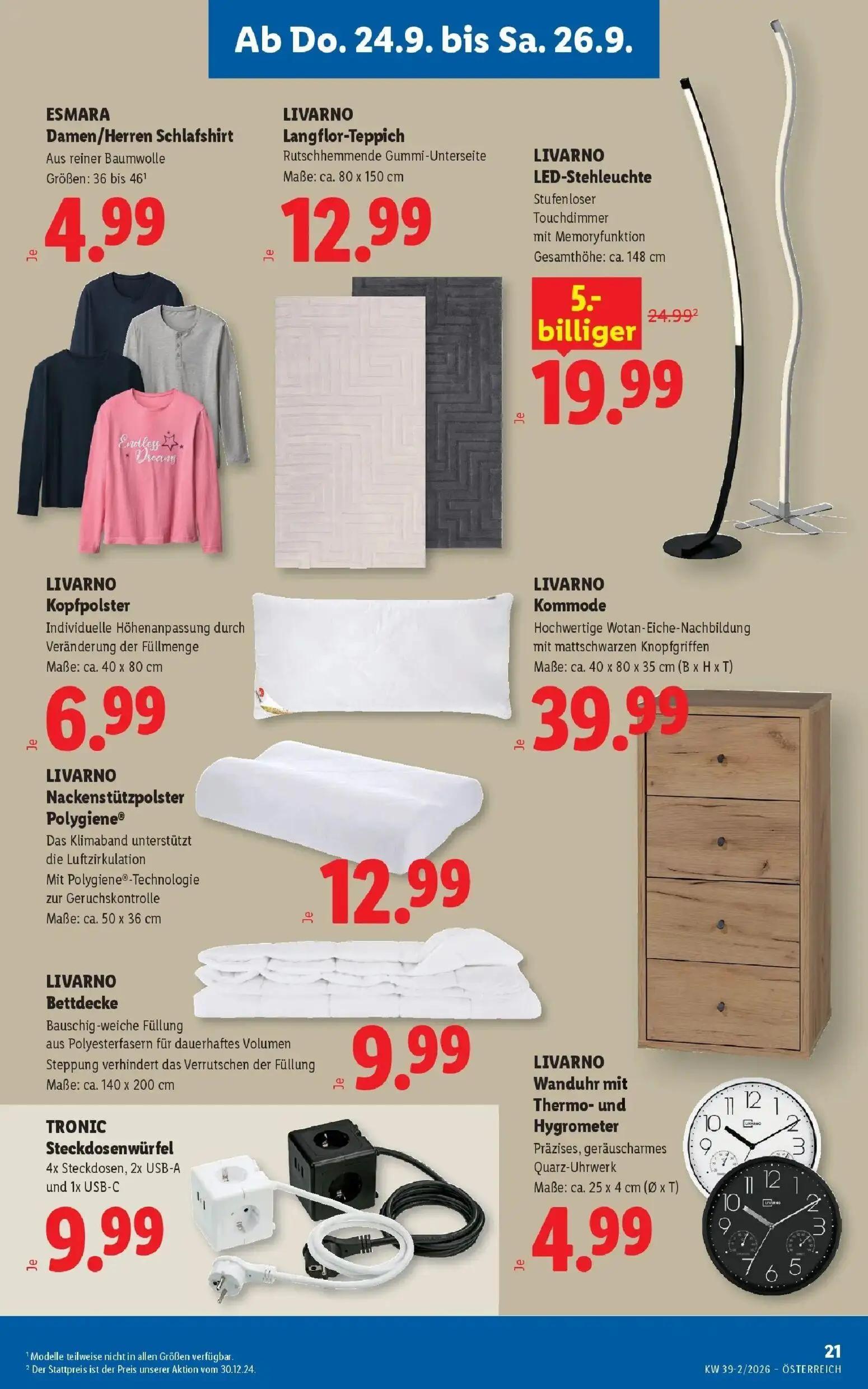 Lidl Prospekt, Seite 25 von 55 — LIVARNO LED-Stehleuchte, ESMARA Damen/Herren Schlafshirt, LIVARNO Langflor-Teppich
