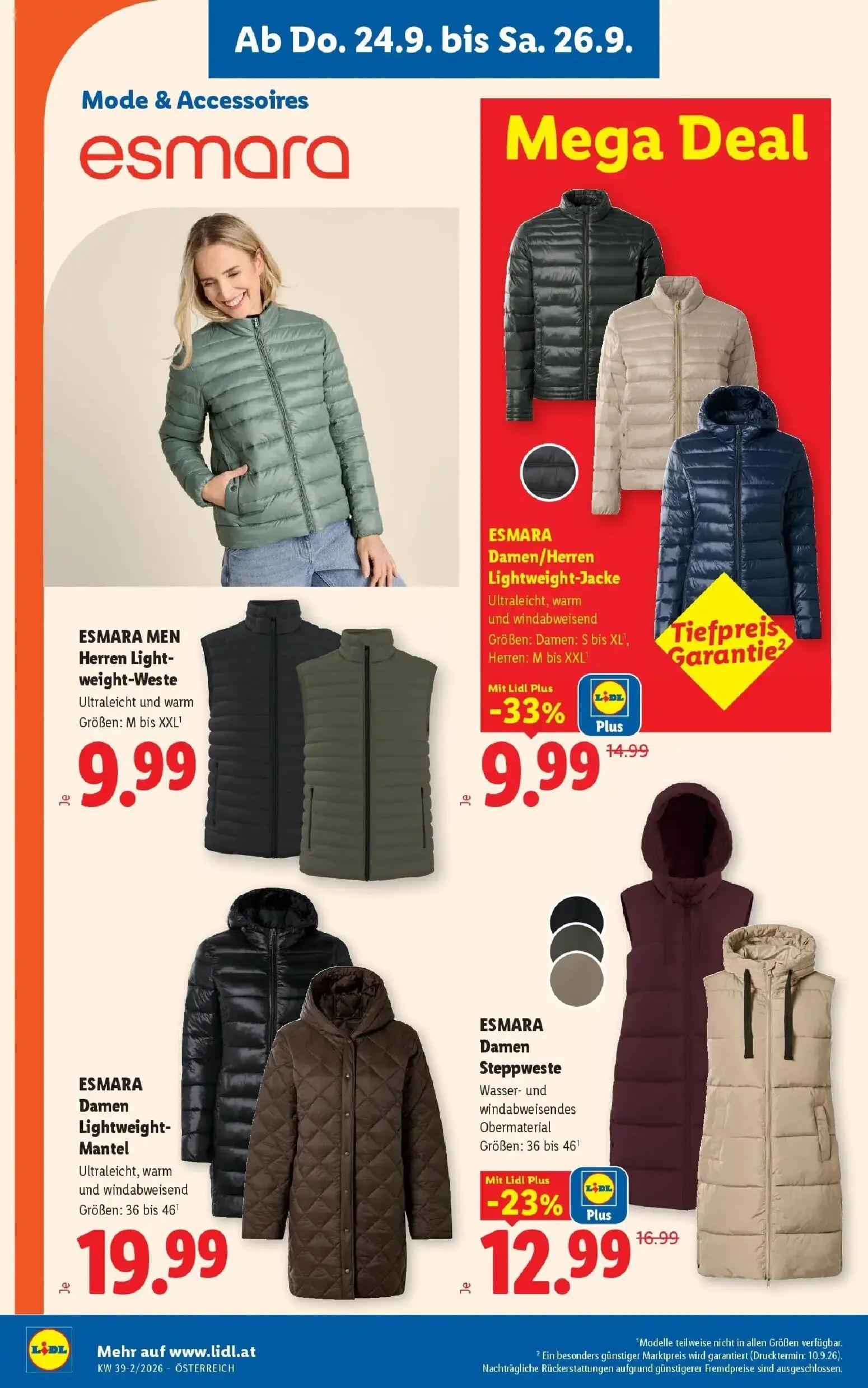 Lidl Prospekt, Seite 26 von 55 — ESMARA Damen/Herren Lightweight-Jacke, ESMARA Damen Steppweste, ESMARA MEN Herren Lightweig…