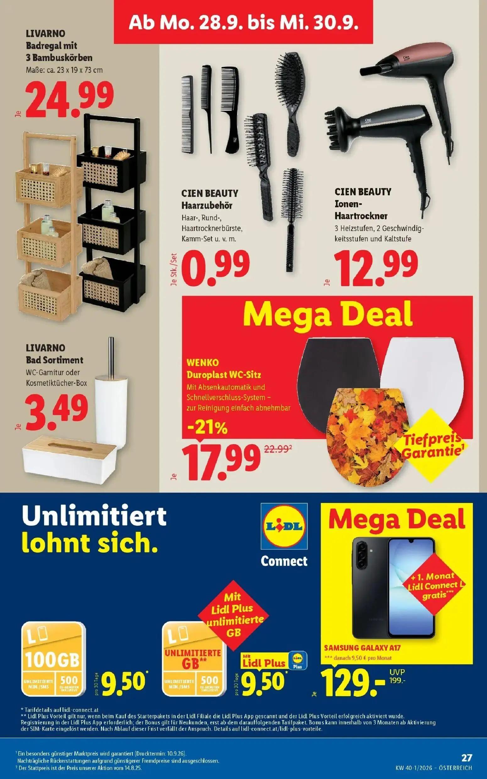 Lidl Prospekt, Seite 34 von 55 — SAMSUNG GALAXY A17, WENKO Duroplast WC-Sitz, LIVARNO Badregal mit 3 Bambuskörben