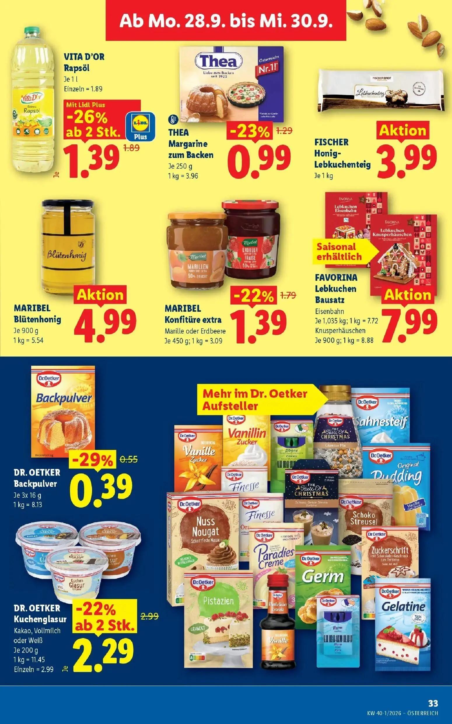 Lidl Prospekt, Seite 40 von 55 — DR. OETKER Kuchenglasur Kakao, Vollmilch oder Weiß, VITA D'OR Rapsöl, MARIBEL Konfitüre ext…