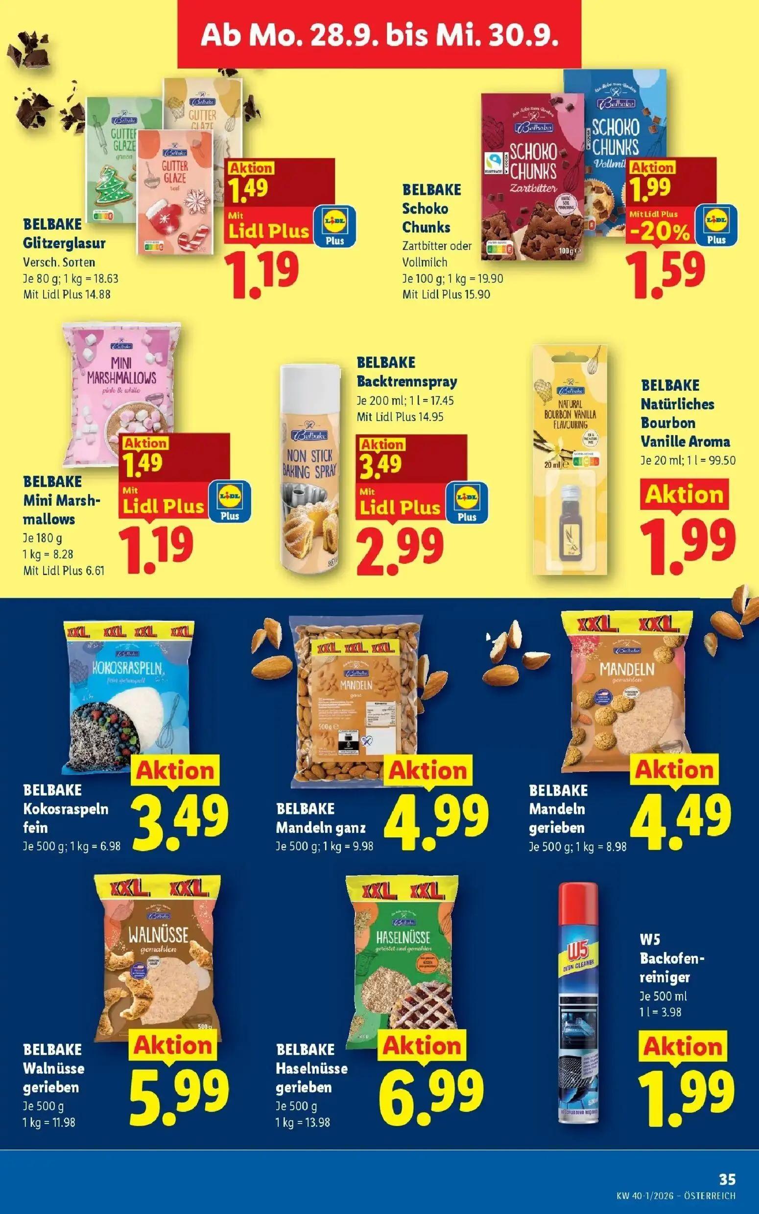 Lidl Prospekt, Seite 42 von 55 — BELBAKE Backtrennspray, BELBAKE Schoko Chunks, BELBAKE Glitzerglasur