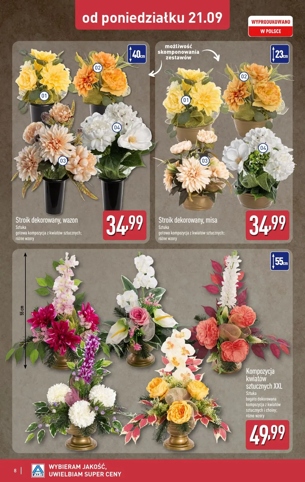 ALDI gazetka, strona 8 z 12 — Stroik dekorowany, wazon, Stroik dekorowany, misa, Kompozycja kwiatów sztucznych XXL