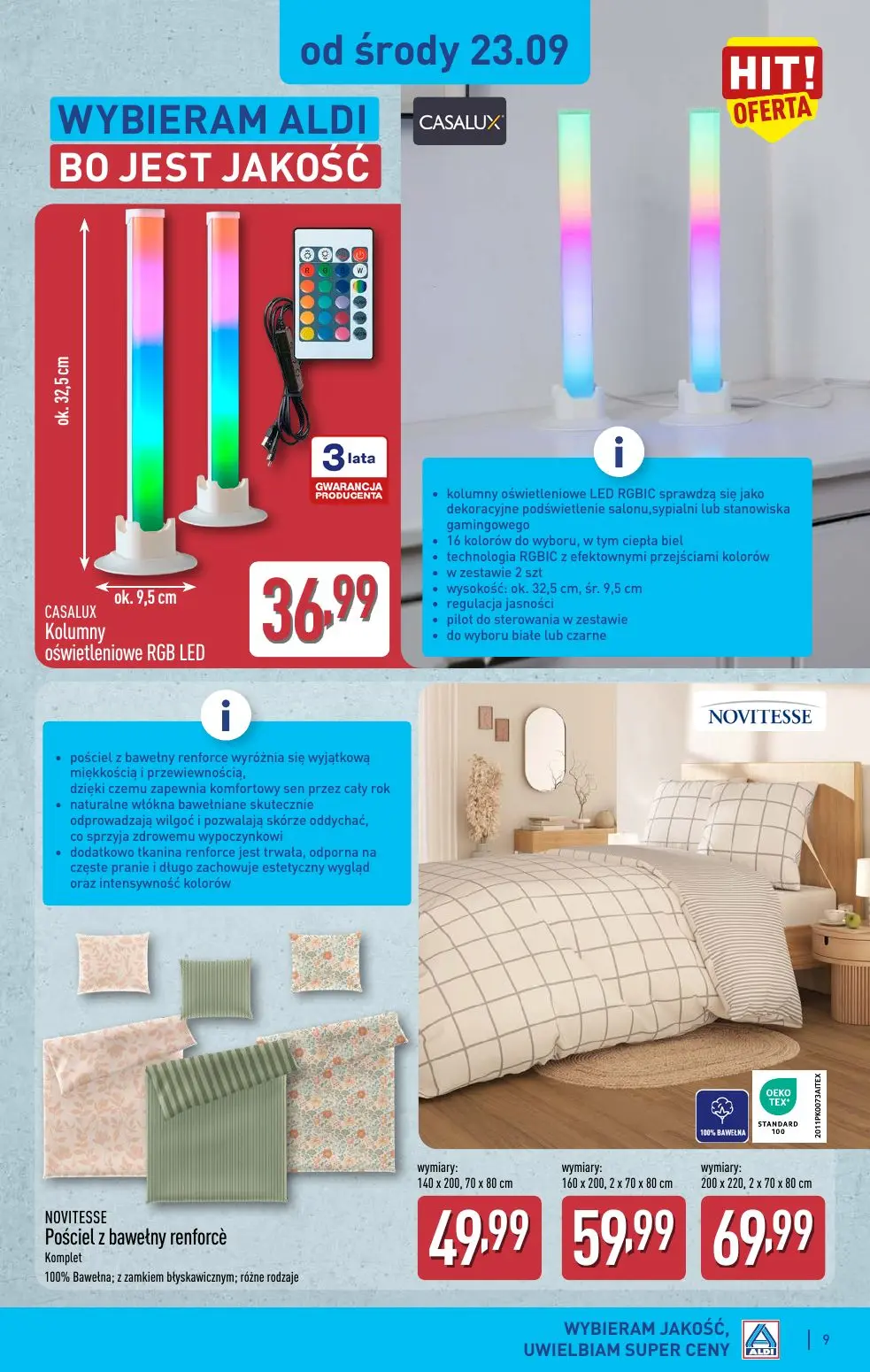 ALDI gazetka, strona 9 z 15 — Kolumny oświetleniowe RGB LED, Pościel z bawełny renforcè, Pościel z bawełny renforcè