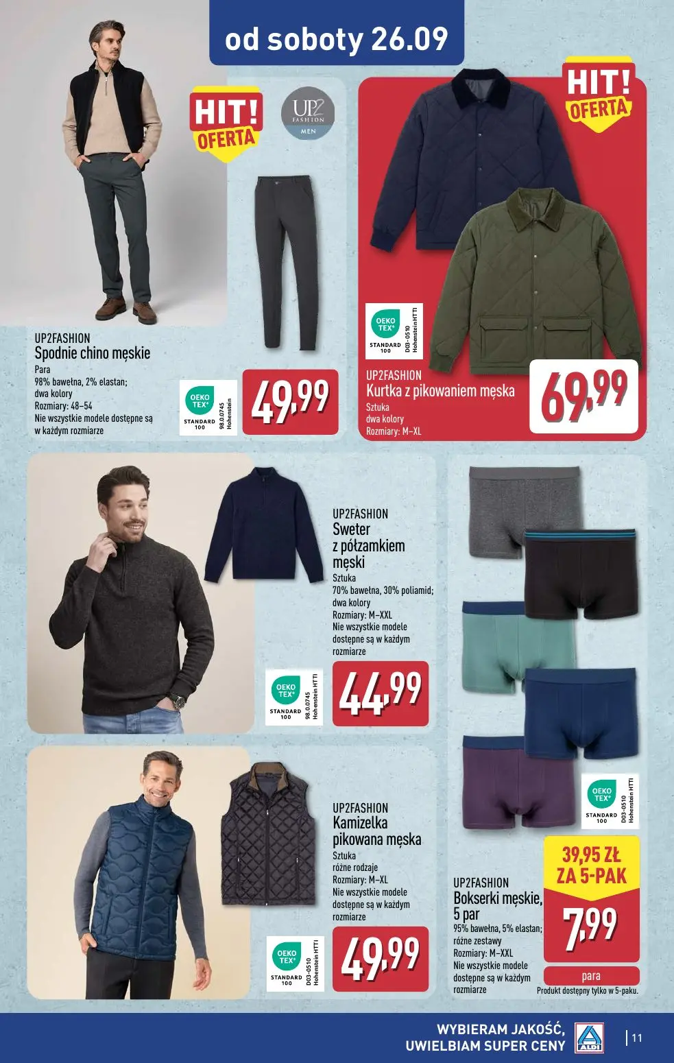 ALDI gazetka, strona 11 z 15 — Spodnie chino męskie, Kurtka z pikowaniem męska, Sweter z półzamkiem męski