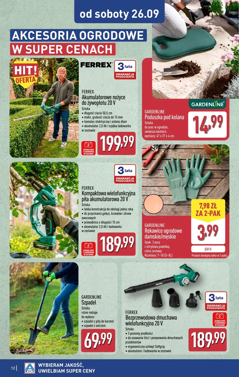 ALDI gazetka, strona 12 z 15 — FERREX Akumulatorowe nożyce do żywopłotu 20 V, GARDENLINE Poduszka pod kolana, FERREX Kompakt…