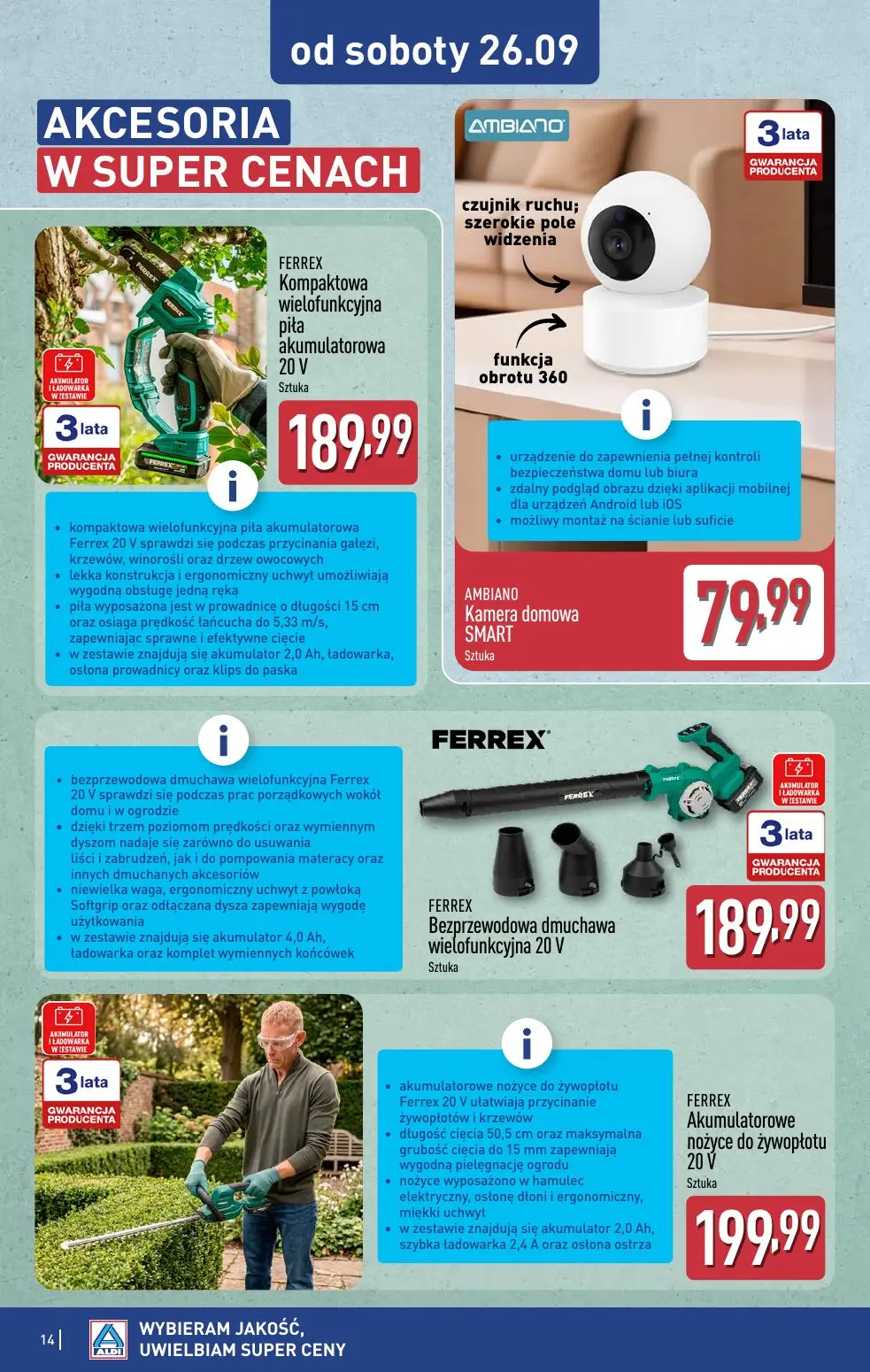 ALDI gazetka, strona 14 z 15 — FERREX Kompaktowa wielofunkcyjna piła akumulatorowa 20 V, AMBIANO Kamera domowa SMART, FERREX…