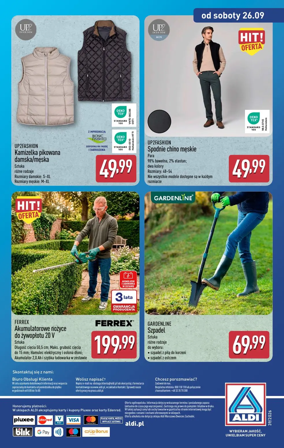 ALDI gazetka, strona 15 z 15 — Kamizelka pikowana damska/męska, Spodnie chino męskie, Akumulatorowe nożyce do żywopłotu 20 V