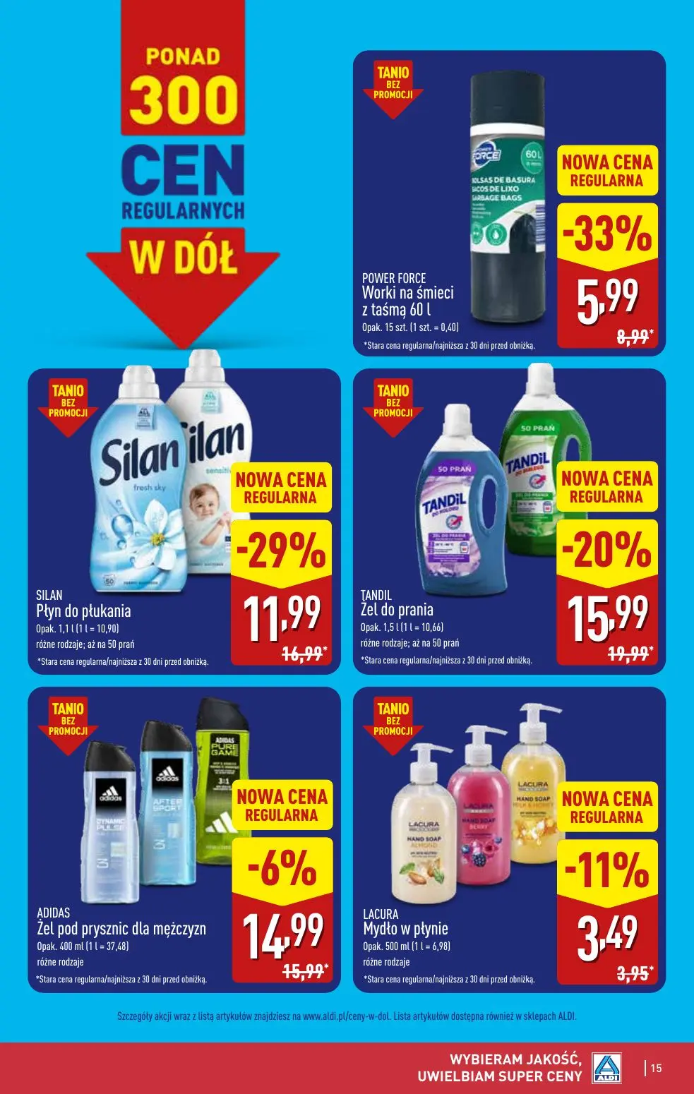 ALDI gazetka, strona 15 z 48 — SILAN Płyn do płukania, TANDIL Żel do prania, POWER FORCE Worki na śmieci z taśmą 60 l