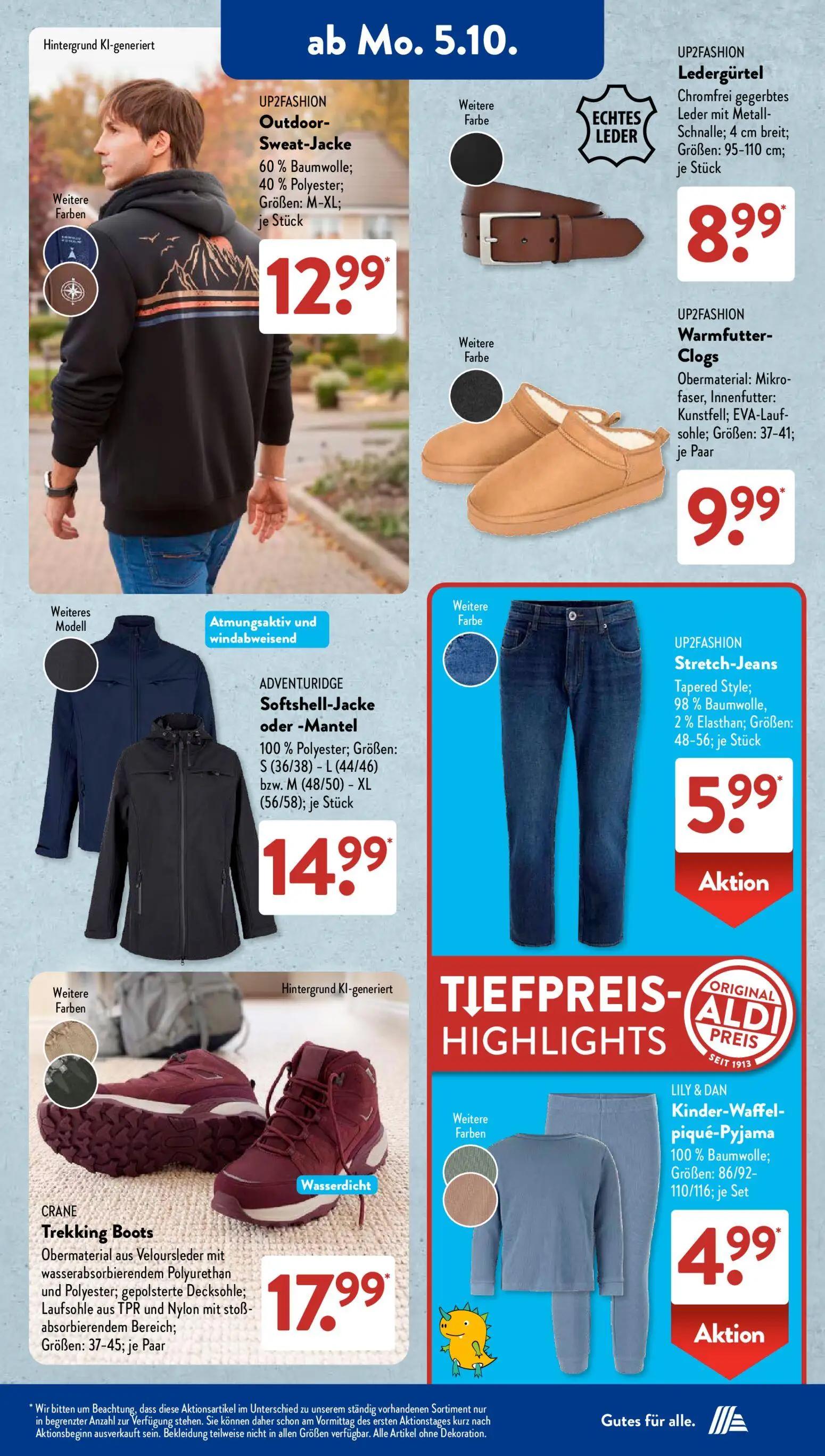 Aldi Süd Prospekt, Seite 3 von 21 — UP2FASHION Outdoor-Sweat-Jacke, UP2FASHION Ledergürtel, UP2FASHION Warmfutter-Clogs