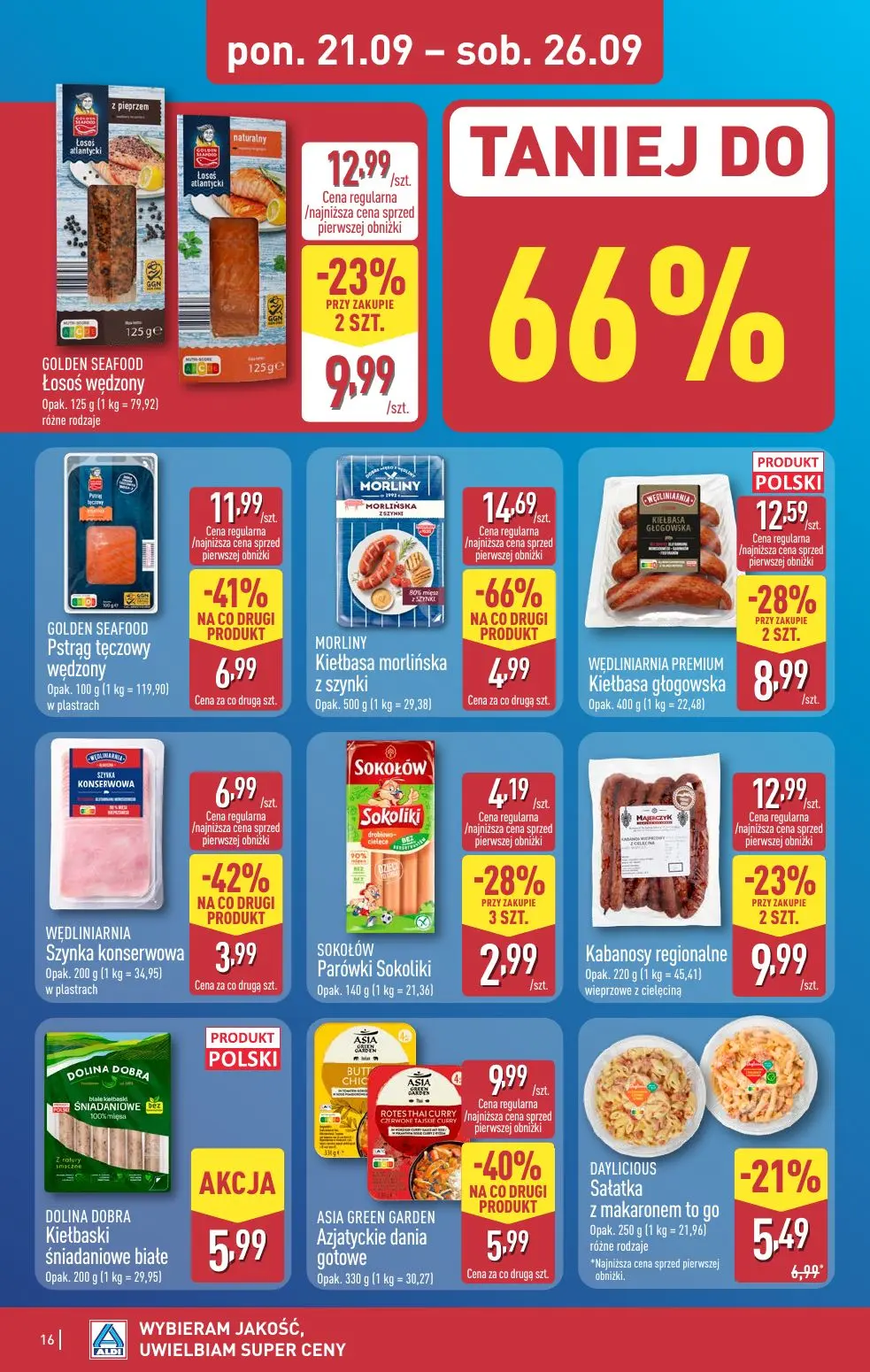 ALDI gazetka, strona 16 z 48 — MORLINY Kiełbasa morlińska z szynki, GOLDEN SEAFOOD Pstrąg tęczowy wędzony, ASIA GREEN GARDEN…