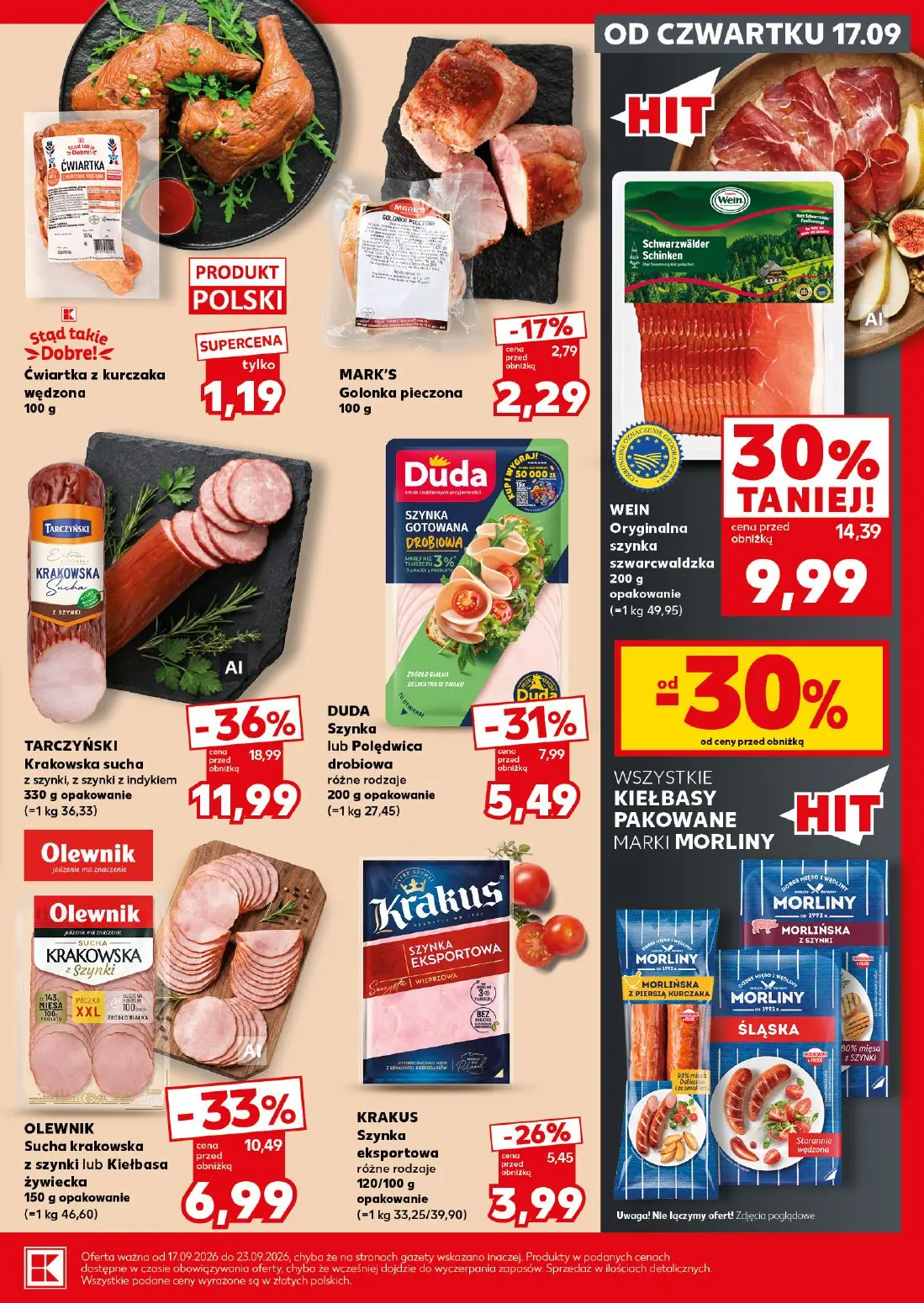 Kaufland gazetka, strona 17 z 30 — TARCZYŃSKI Krakowska sucha z szynki, z szynki z indykiem, WEIN Oryginalna szynka szwarcwa…