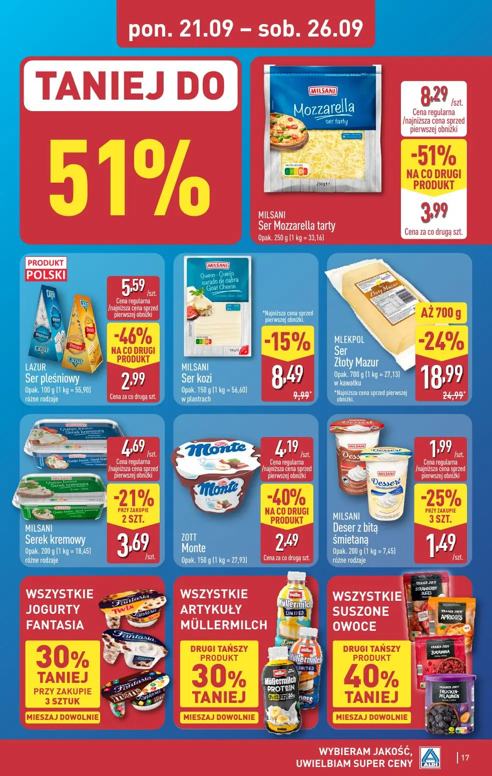 ALDI gazetka, strona 17 z 48 — MLEKPOL Ser Złoty Mazur, MILSANI Ser Mozzarella tarty, LAZUR Ser pleśniowy
