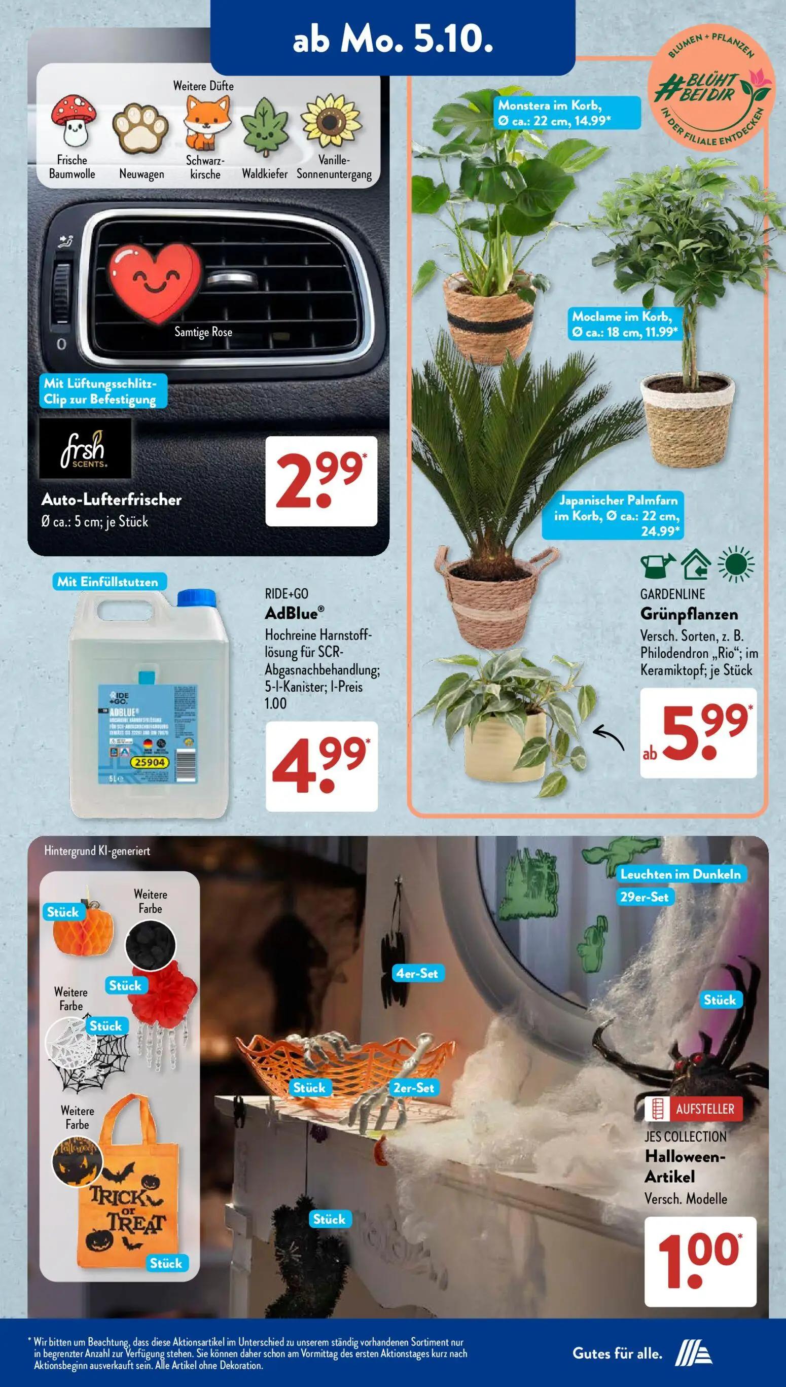 Aldi Süd Prospekt, Seite 5 von 21 — Auto-Lufterfrischer, RIDE+GO AdBlue®, Monstera im Korb