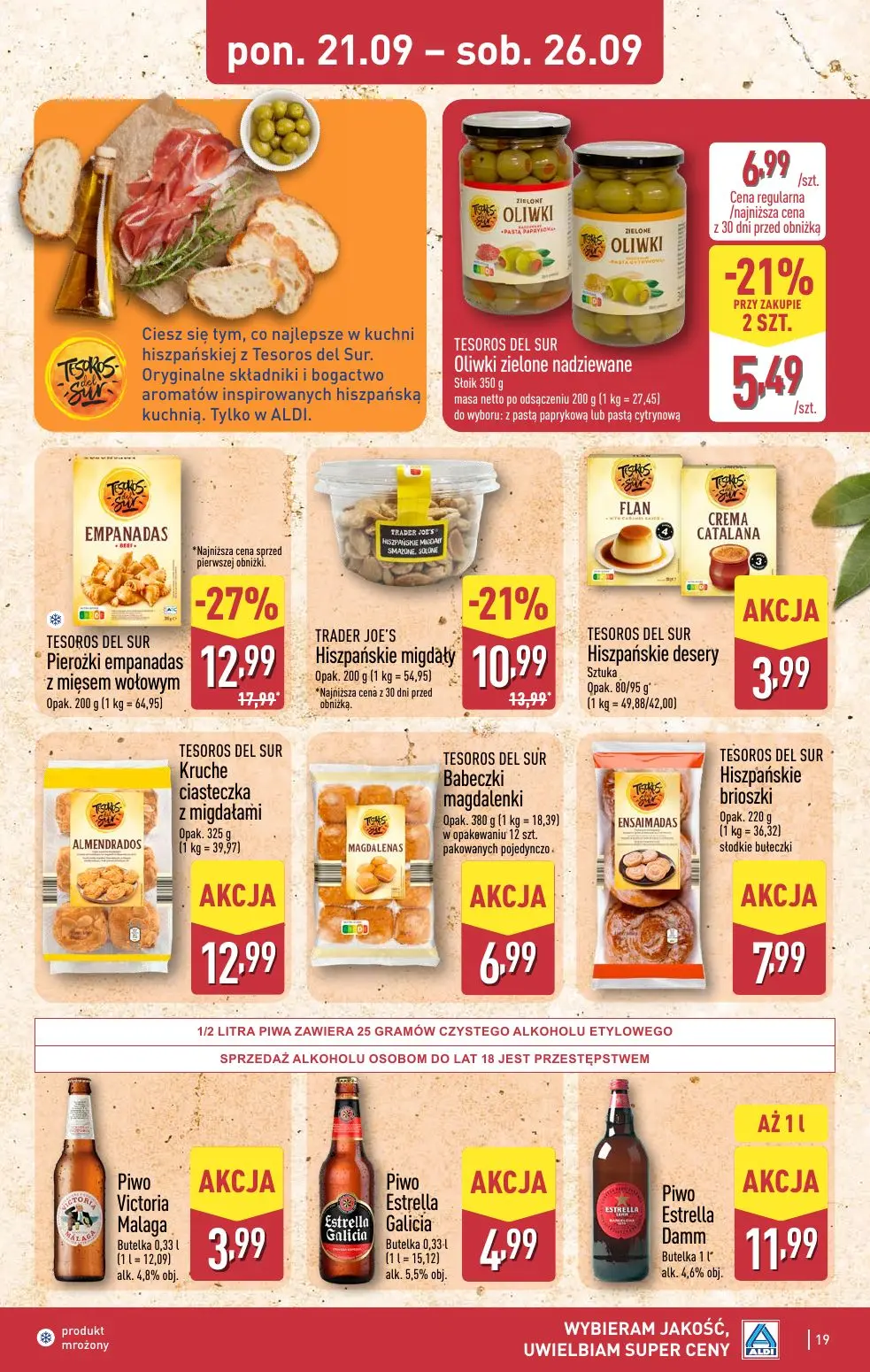 ALDI gazetka, strona 19 z 48 — TESOROS DEL SUR Pierożki empanadas z mięsem wołowym, TRADER JOE'S Hiszpańskie migdały, TESORO…