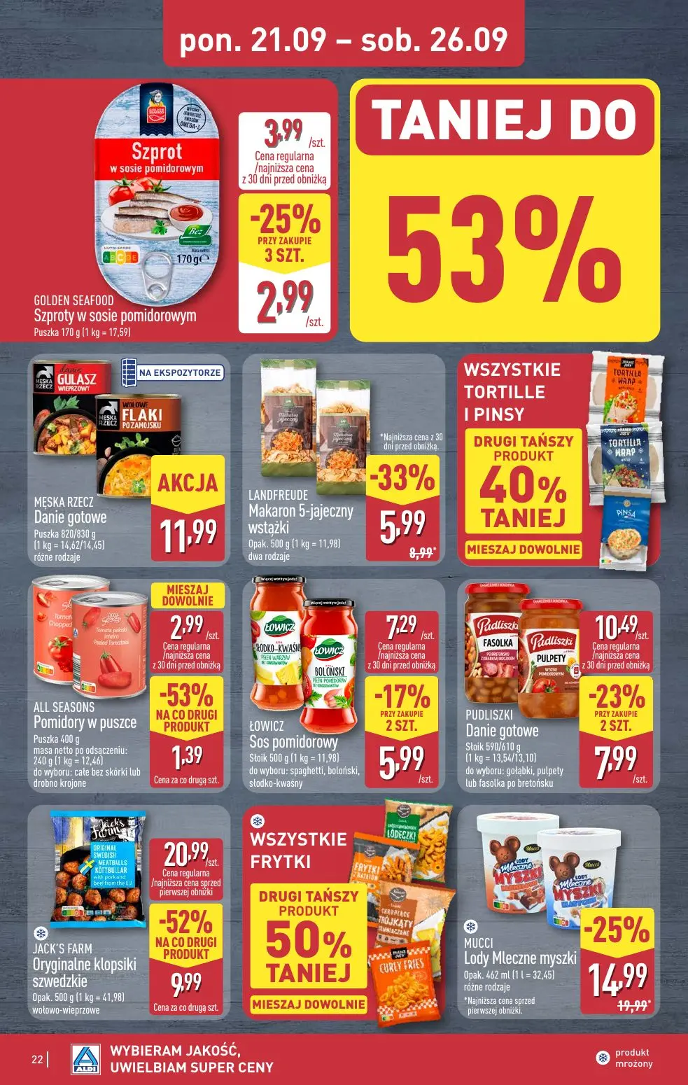 ALDI gazetka, strona 22 z 48 — Oryginalne klopsiki szwedzkie, Lody Mleczne myszki, Makaron 5-jajeczny wstążki