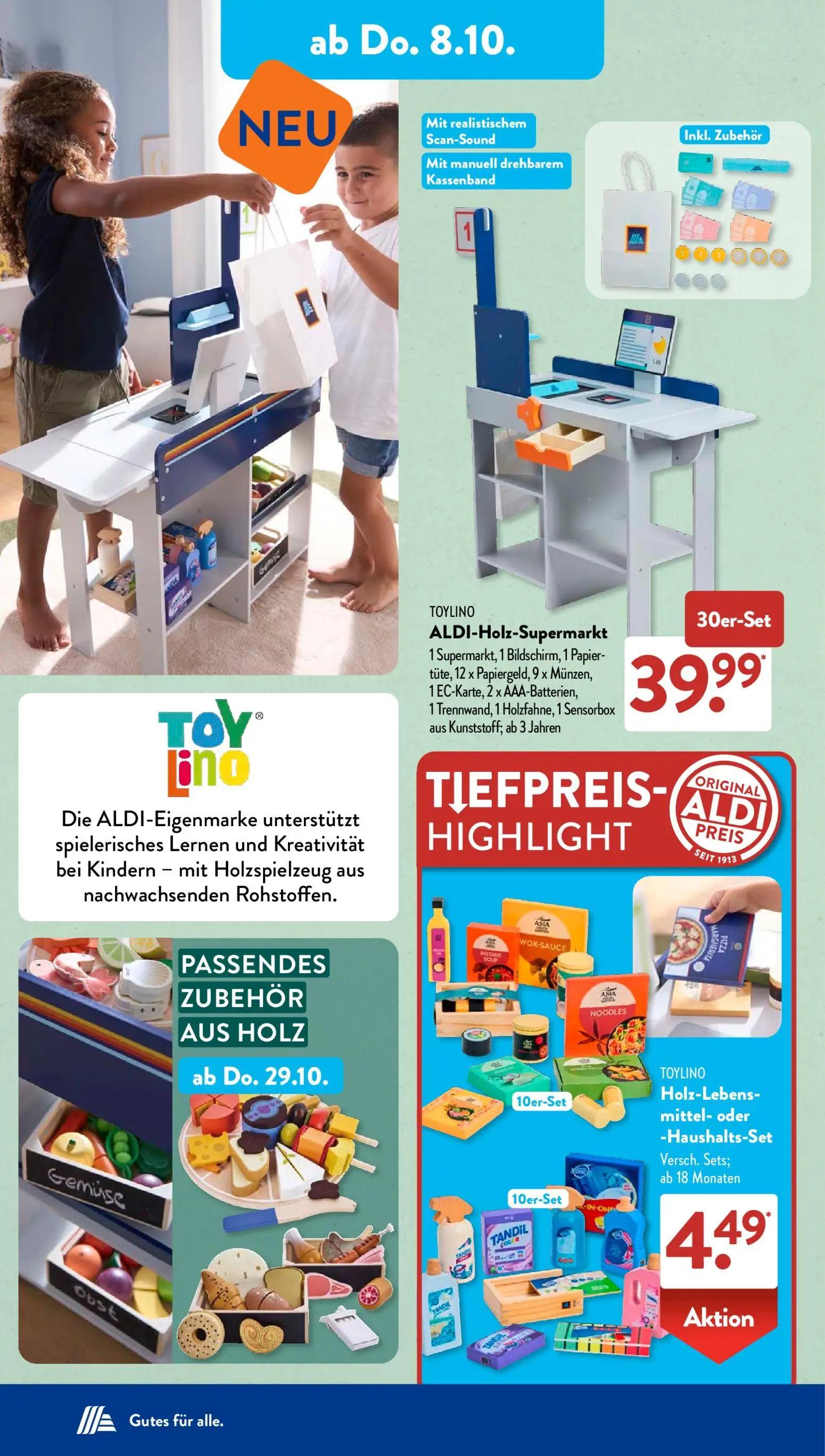 Aldi Süd Prospekt, Seite 8 von 21 — TOYLINO ALDI-Holz-Supermarkt, TOYLINO Holz-Lebensmittel- oder -Haushalts-Set
