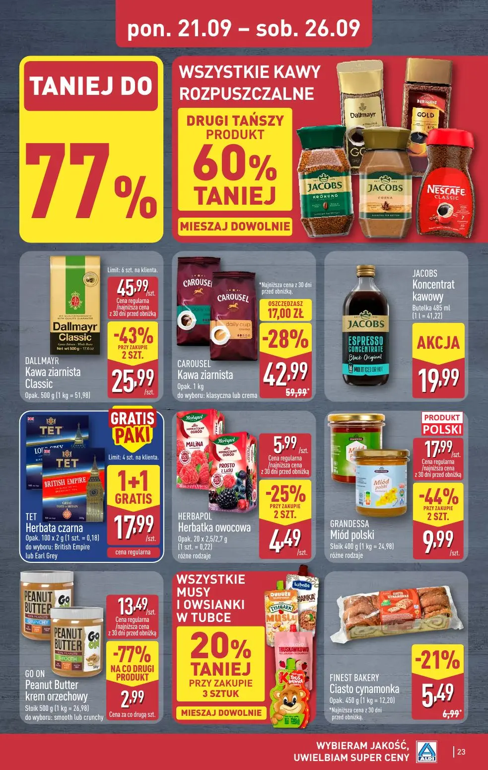 ALDI gazetka, strona 23 z 48 — Dallmayr Kawa ziarnista Classic, CAROUSEL Kawa ziarnista, GO ON Peanut Butter krem orzechowy