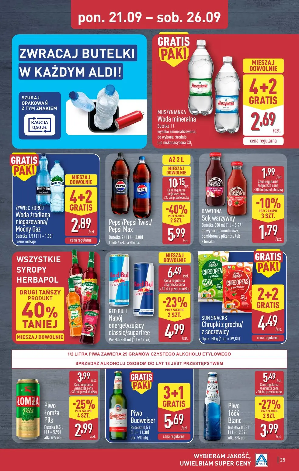 ALDI gazetka, strona 25 z 48 — Pepsi/Pepsi Twist/ Pepsi Max, Red Bull Napój energetyzujący classic/sugarfree, Piwo 1664 Blanc