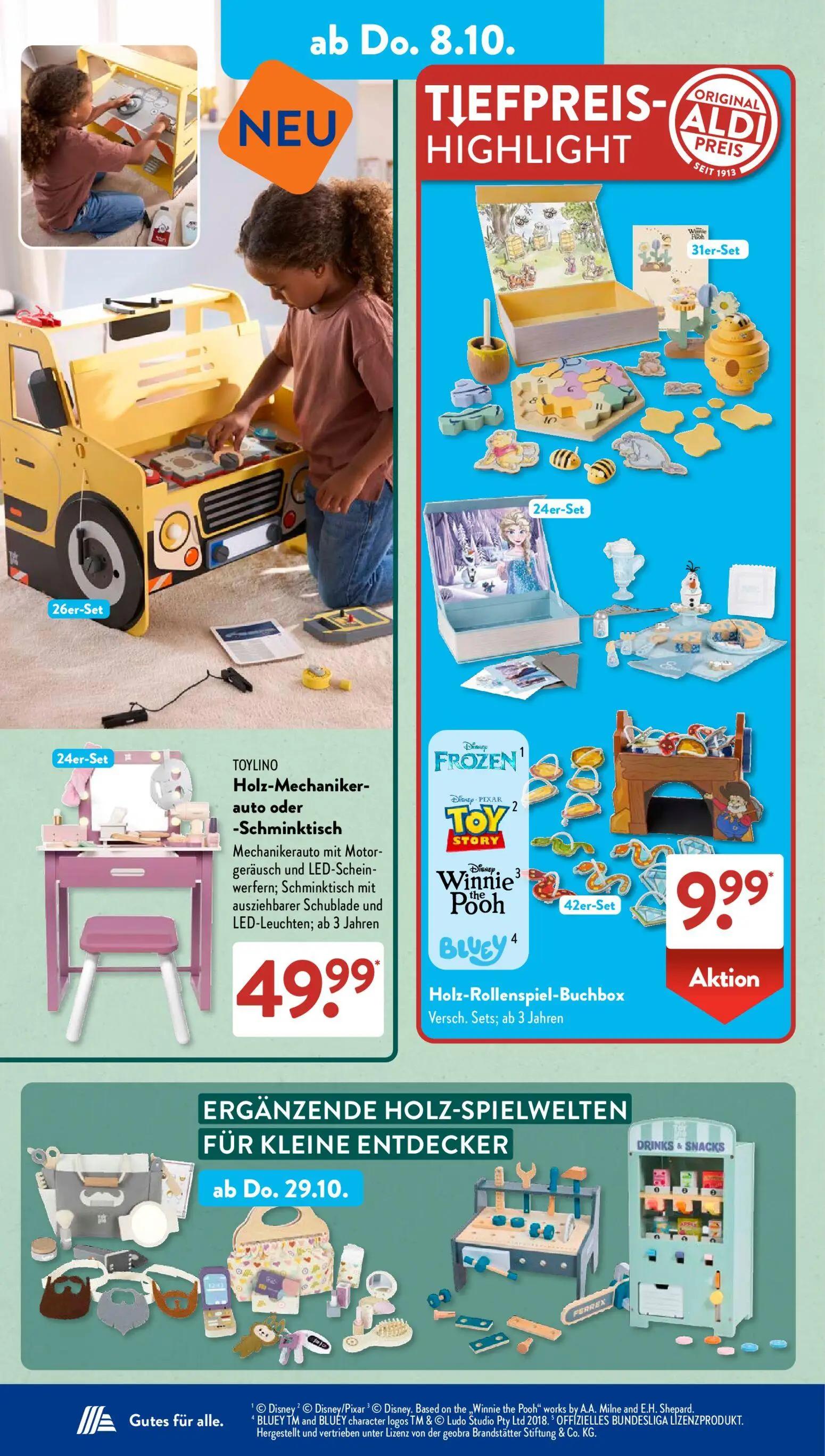 Aldi Süd Prospekt, Seite 10 von 21 — TOYLINO Holz-Mechanikerauto oder -Schminktisch Mechanikerauto mit Motorgeräusch und LED…