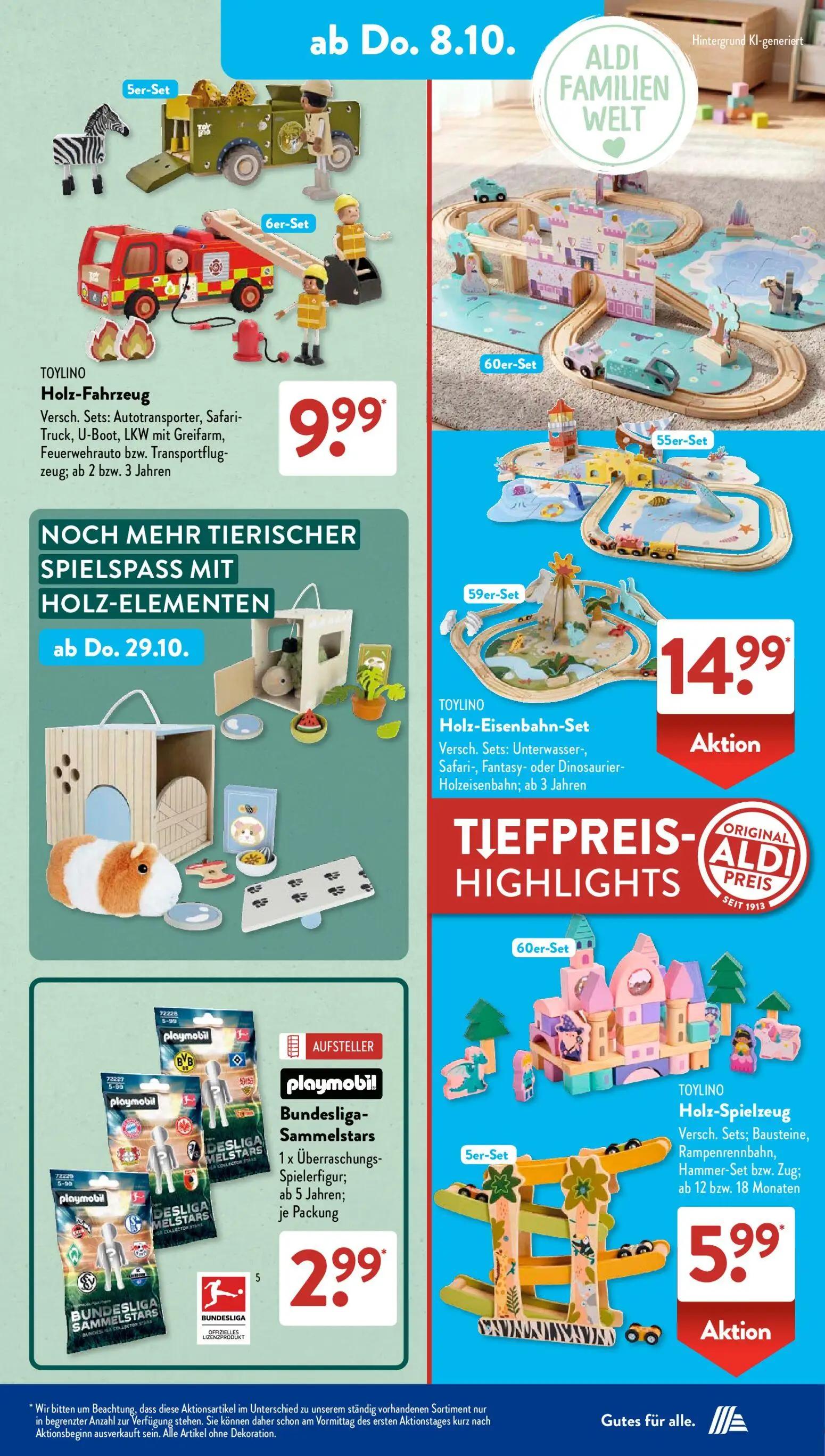 Aldi Süd Prospekt, Seite 11 von 21 — TOYLINO Holz-Fahrzeug Versch. Sets: Autotransporter, Safari-Truck, U-Boot, LKW mit Grei…