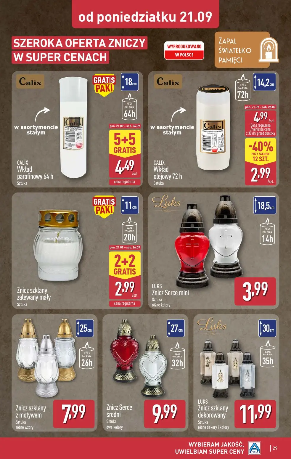 ALDI gazetka, strona 29 z 48 — CALIX Wkład olejowy 72 h, CALIX Wkład parafinowy 64 h, Znicz szklany zalewany mały