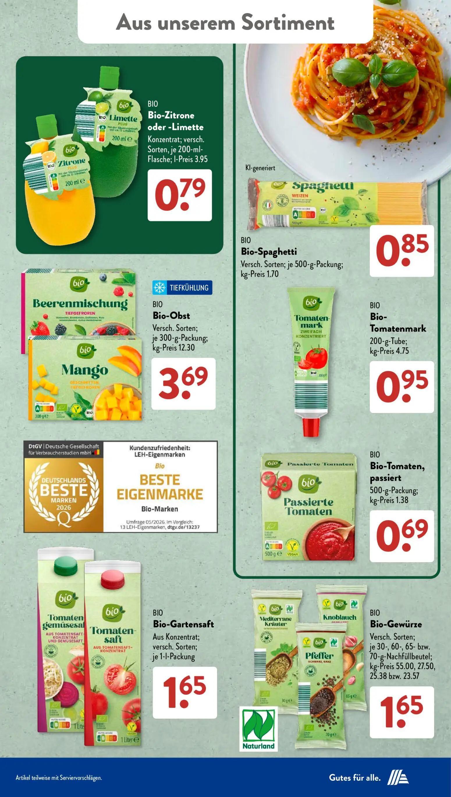 Aldi Süd Prospekt, Seite 18 von 21 — Bio-Zitrone oder -Limette Konzentrat, Bio-Spaghetti, Bio-Obst