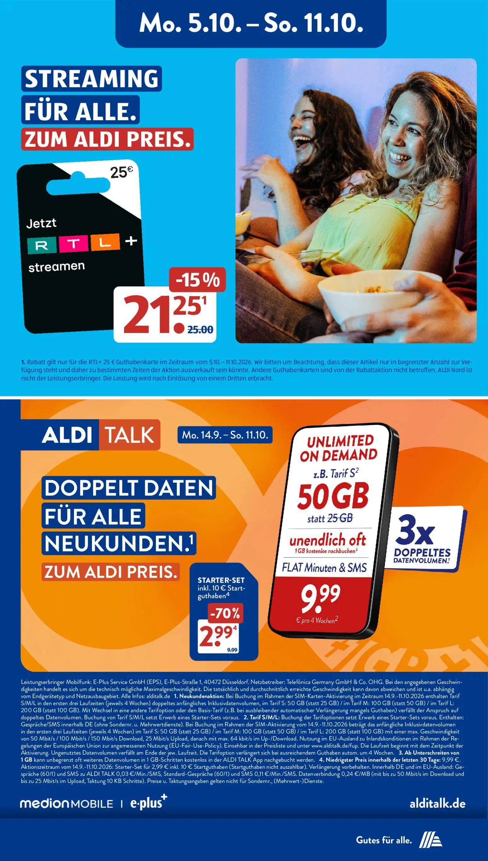 Aldi Süd Prospekt, Seite 19 von 21 — ALDI TALK STARTER-SET, RTL+ Guthabenkarte, UNLIMITED ON DEMAND z.B. Tarif S2