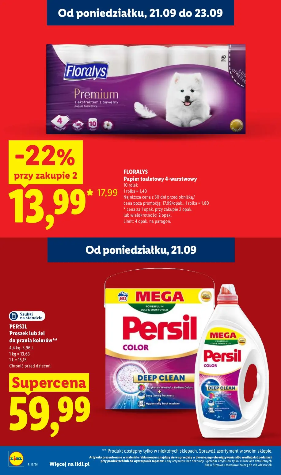Lidl gazetka, strona 26 z 99 — FLORALYS Papier toaletowy 4-warstwowy, PERSIL Proszek lub żel do prania kolorów