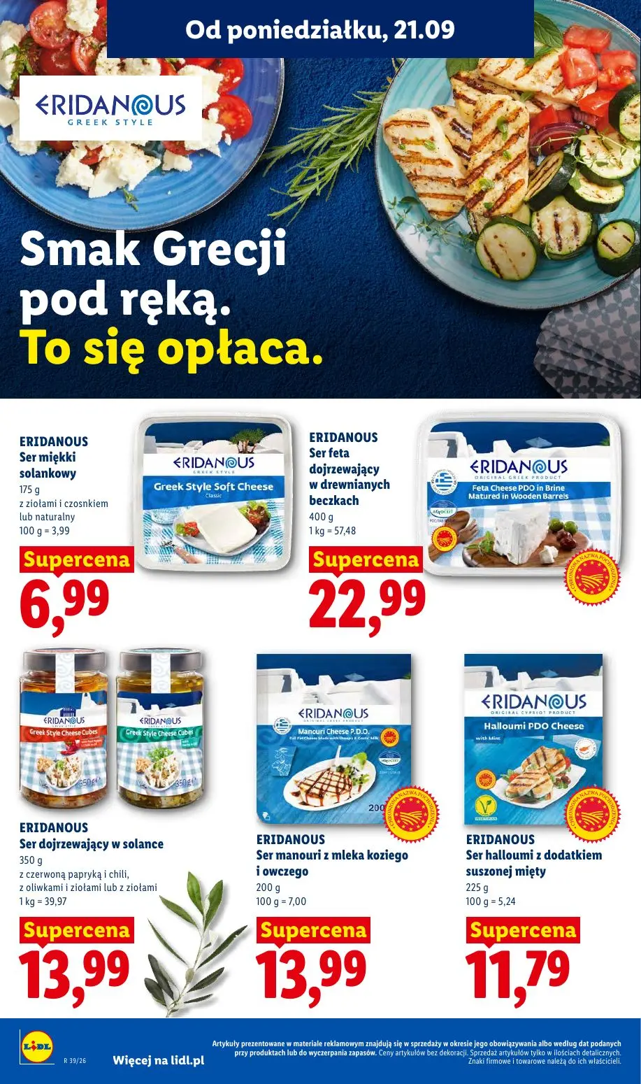Lidl gazetka, strona 42 z 99 — ERIDANOUS Ser miękki solankowy, ERIDANOUS Ser feta dojrzewający w drewnianych beczkach, ERIDA…