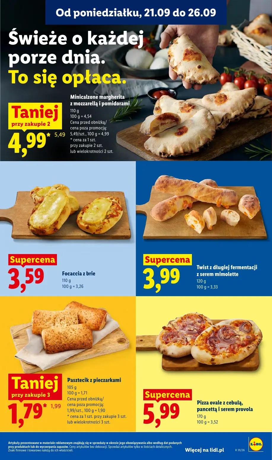 Lidl gazetka, strona 49 z 99 — Minicalzone margherita z mozzarellą i pomidorami, Pasztecik z pieczarkami, Focaccia z brie