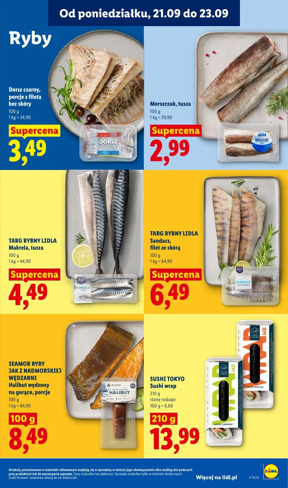 Lidl gazetka, strona 65 z 99 — Dorsz czarny, porcje z fileta bez skóry, Morszczuk, tusza, TARG RYBNY LIDLA Makrela, tusza