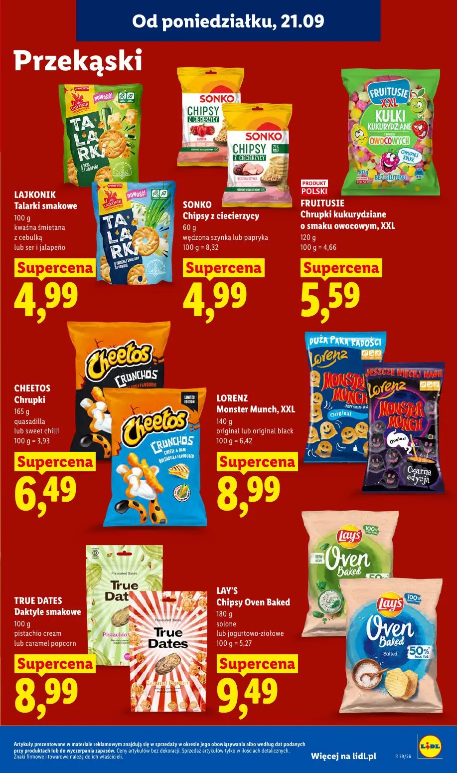 Lidl gazetka, strona 83 z 99 — LAJKONIK Talarki smakowe, SONKO Chipsy z ciecierzycy, FRUITUSIE Chrupki kukurydziane o smaku …