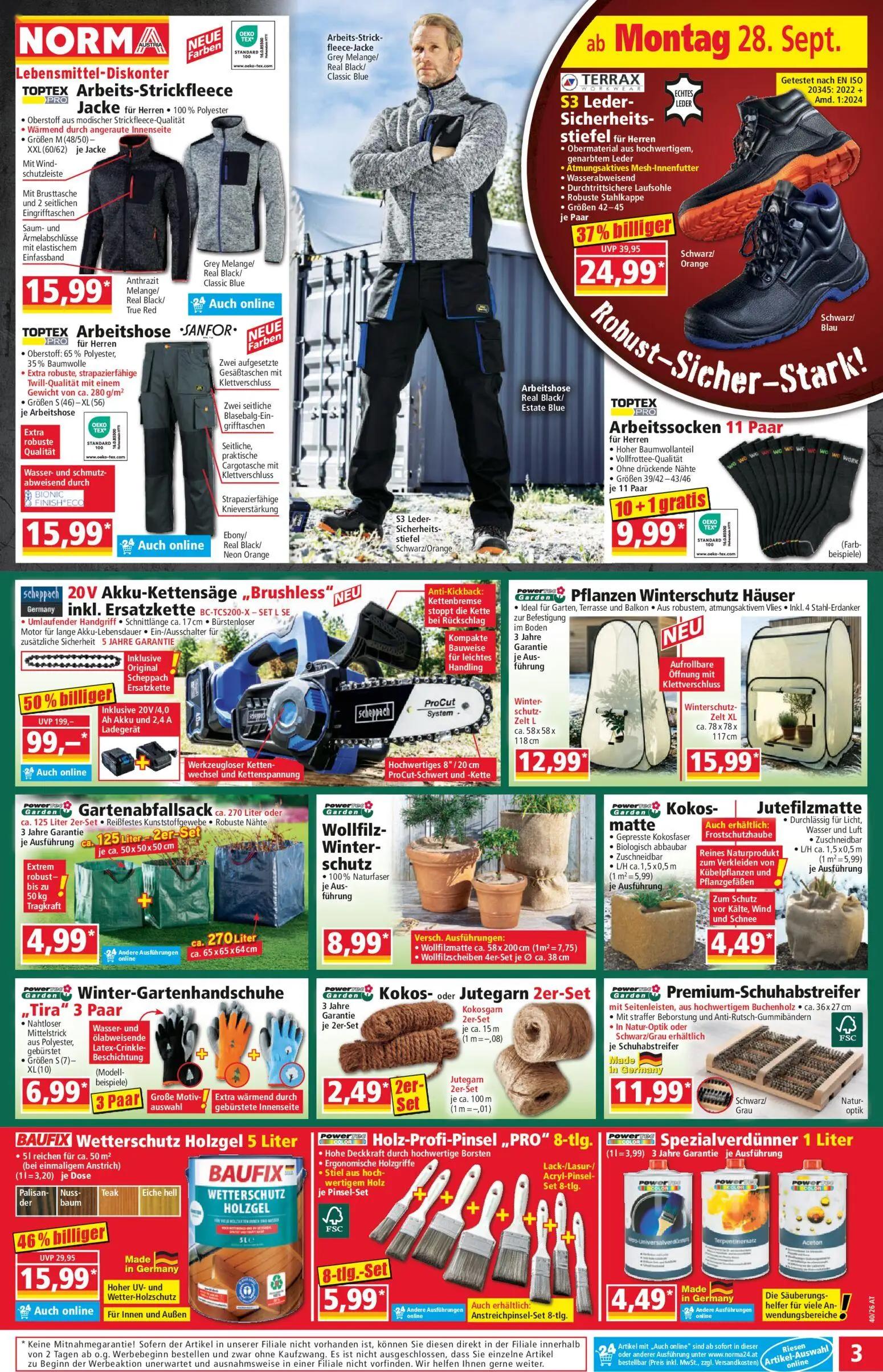 Norma Prospekt, Seite 3 von 20 — 20V Akku-Kettensäge „Brushless" inkl. Ersatzkette, TERRAX S3 Leder-Sicherheits-stiefel, BAU…