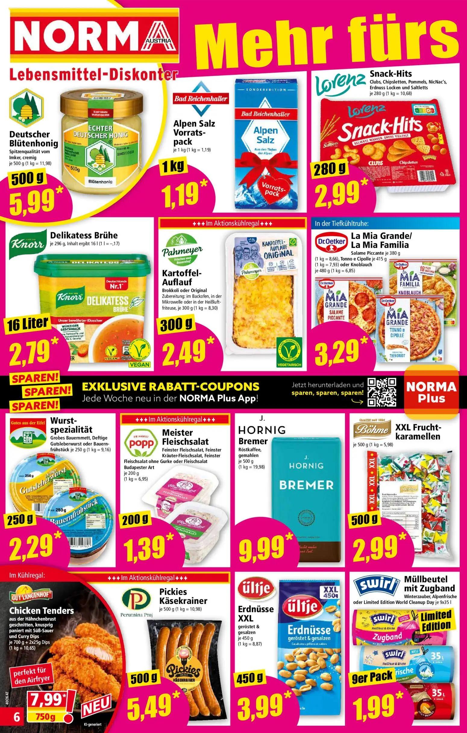 Norma Prospekt, Seite 6 von 20 — Deutscher Blütenhonig, Alpen Salz Vorrats-pack, Lorenz Snack-Hits