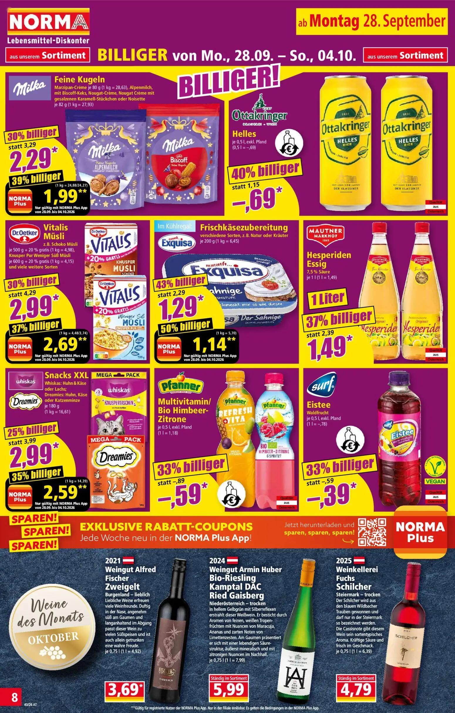 Norma Prospekt, Seite 8 von 20 — Dr.Oetker Vitalis Müsli, whiskas Snacks XXL, Milka Feine Kugeln Marzipan-Crème